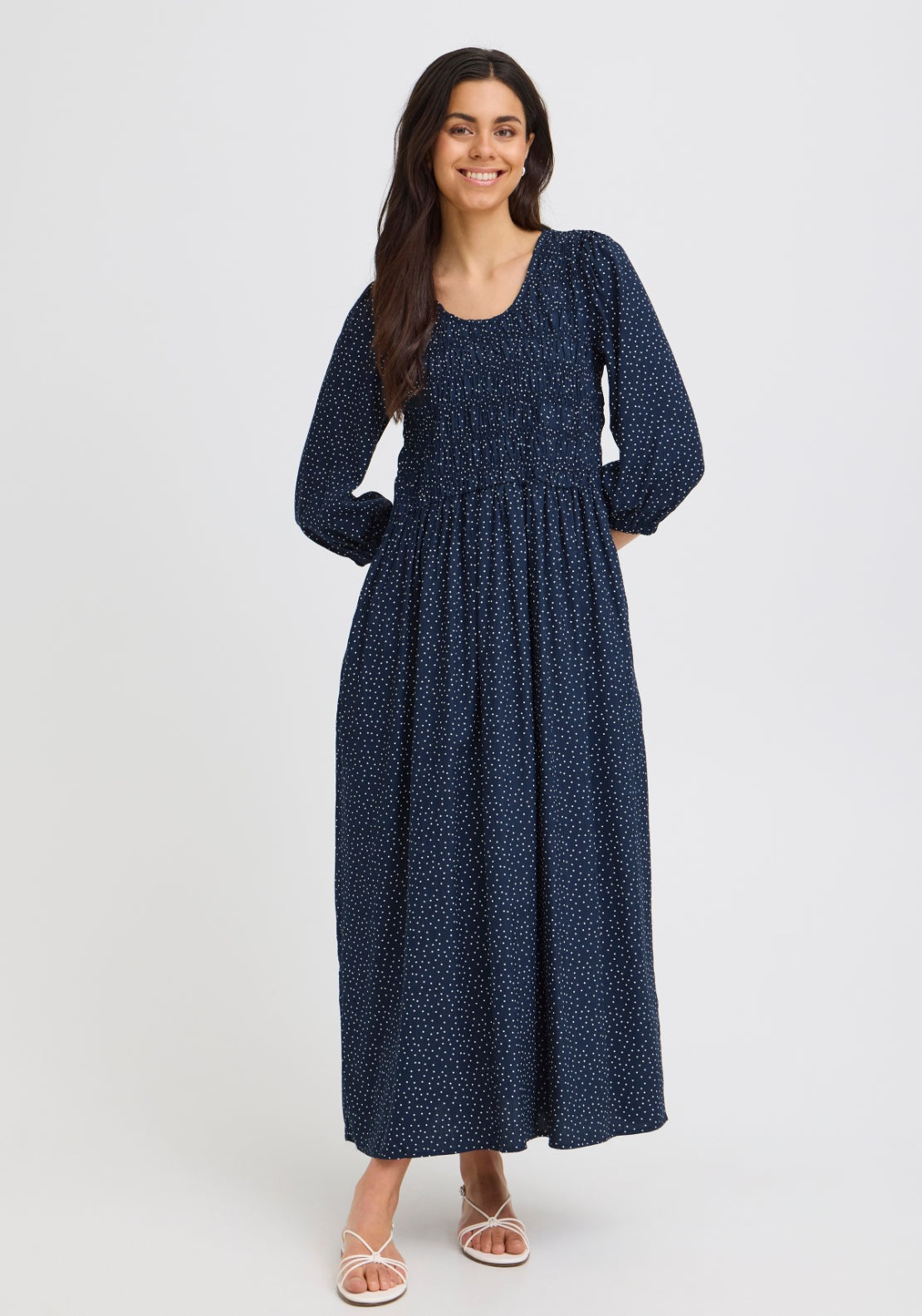 Fransa Gathered Bodice Dress - Dot Dots Navy Blazer 1 Shaws Department Stores