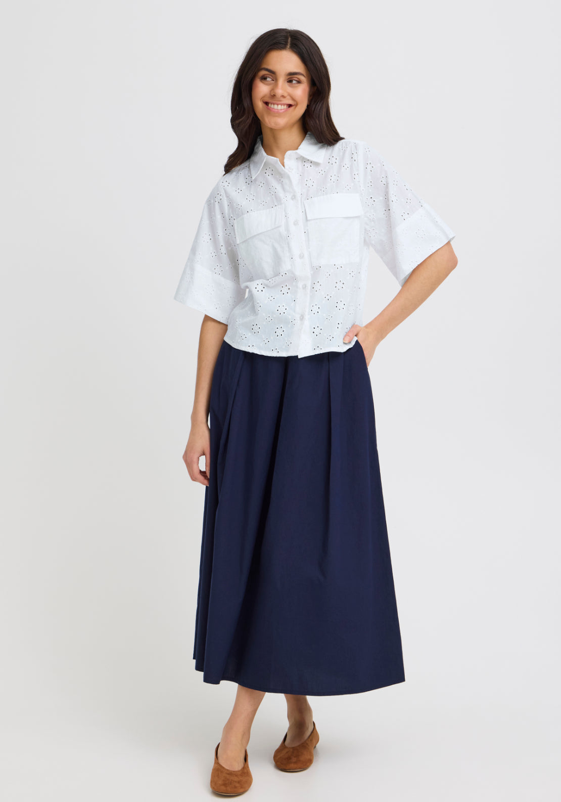 Fransa Wide Sleeve Embroidered Shirt - White 1 Shaws Department Stores
