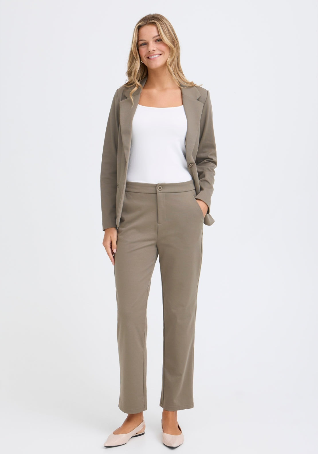 Fransa Button Detail Waistband Trousers - Smokey Olive 1 Shaws Department Stores