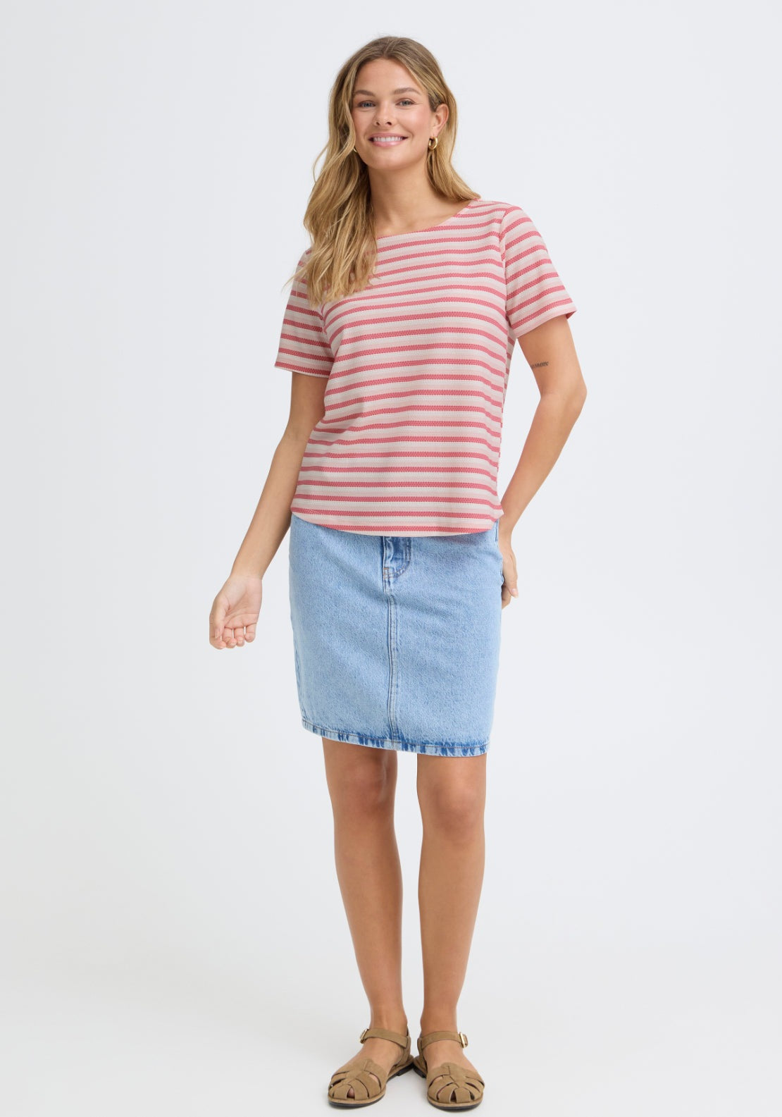 Fransa Striped Crew Neck T-Shirt - Lotus Stripe 1 Shaws Department Stores