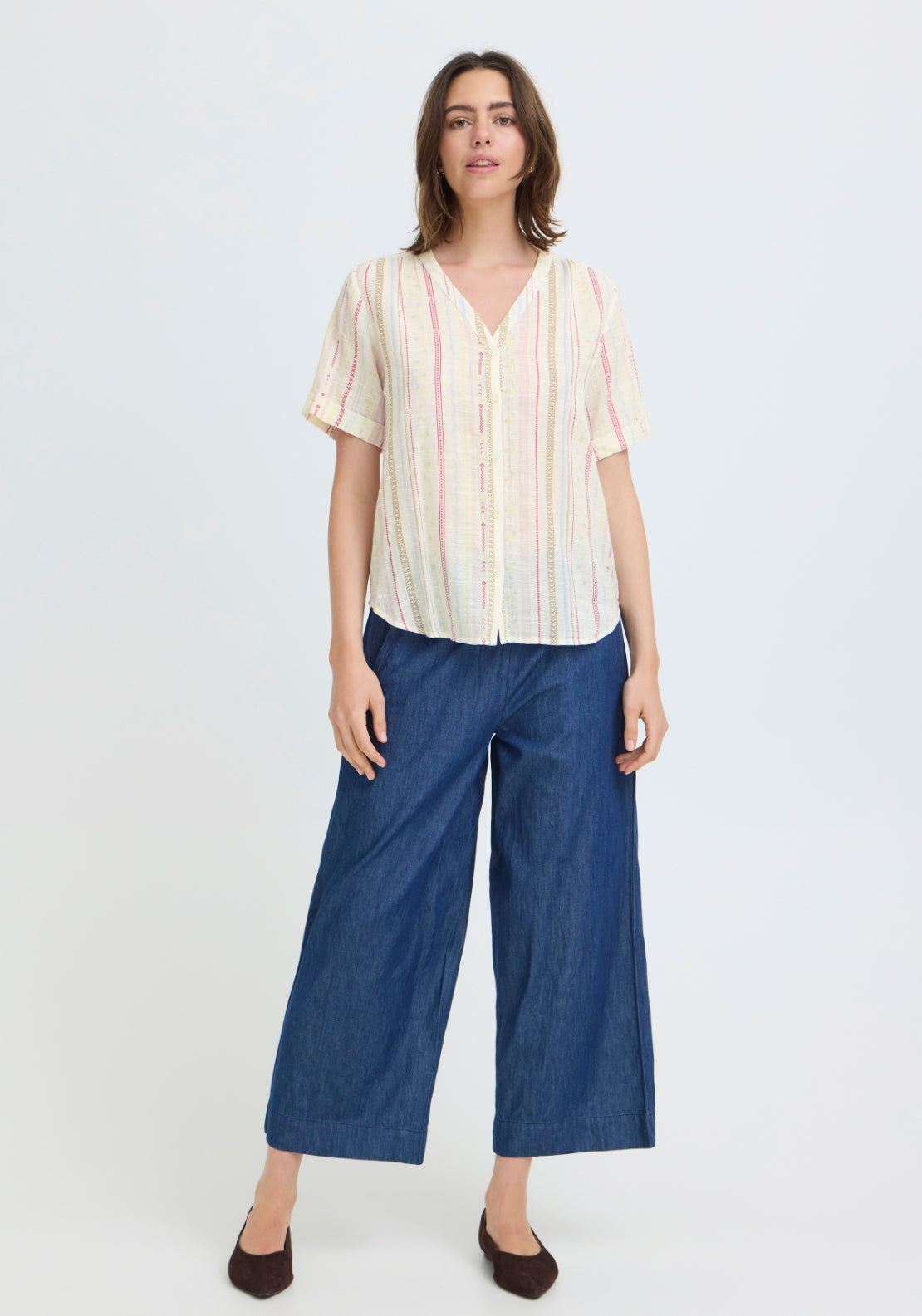 Fransa Relaxed Short Sleeve Shirt - Cream W Red Yellow Stripe 1 Shaws Department Stores