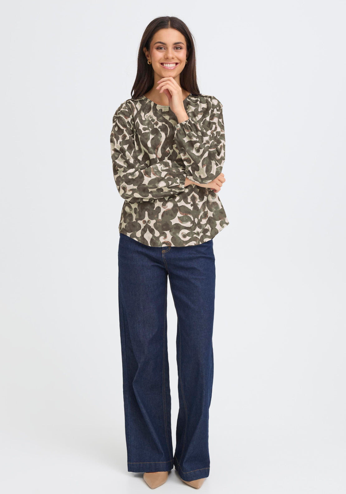 Fransa Abstract Long Sleeve Blouse - Boho Bloom Smokey Olive 1 Shaws Department Stores