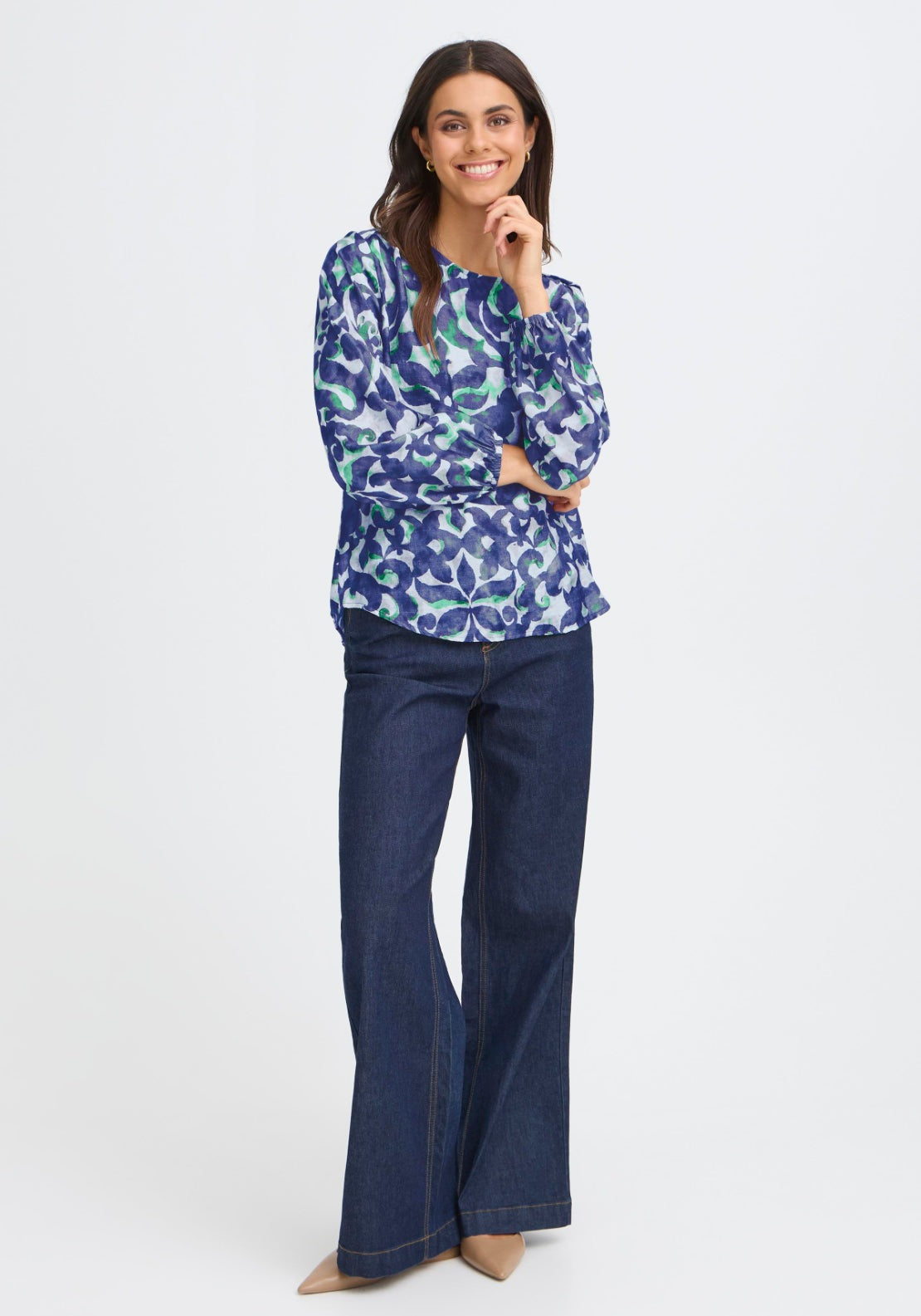 Fransa Abstract Long Sleeve Blouse - Boho Bloom Navy/green 1 Shaws Department Stores