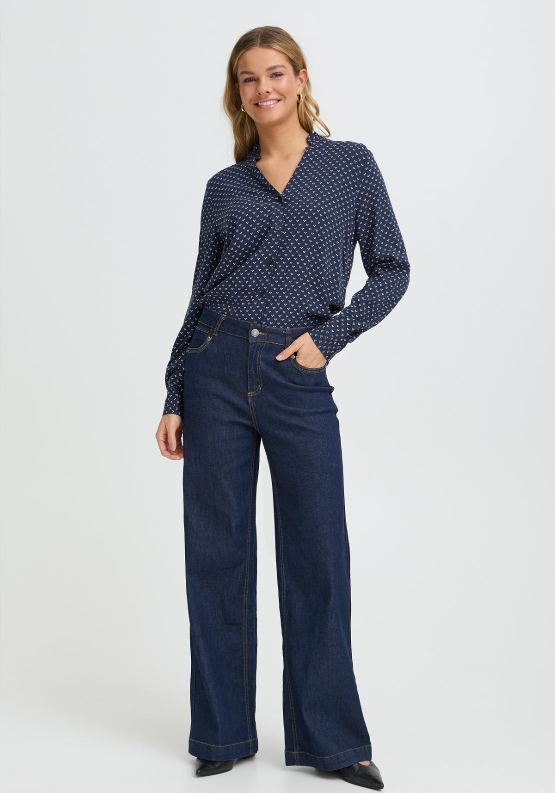 Fransa Long Sleeve Patterened Blouse - Graphic Heart Navy 1 Shaws Department Stores