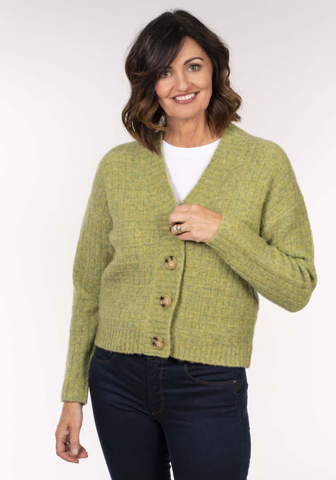 Tea Lane Waffle 3 Button Cardi - Green 2 Shaws Department Stores