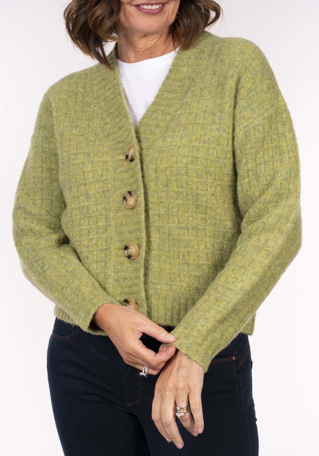 Tea Lane Waffle 3 Button Cardi - Green 3 Shaws Department Stores