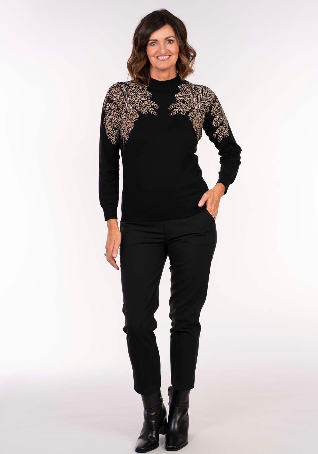 Tea Lane Christmas Leaf Glitter Shoulder Sweater - Black 5 Shaws Department Stores