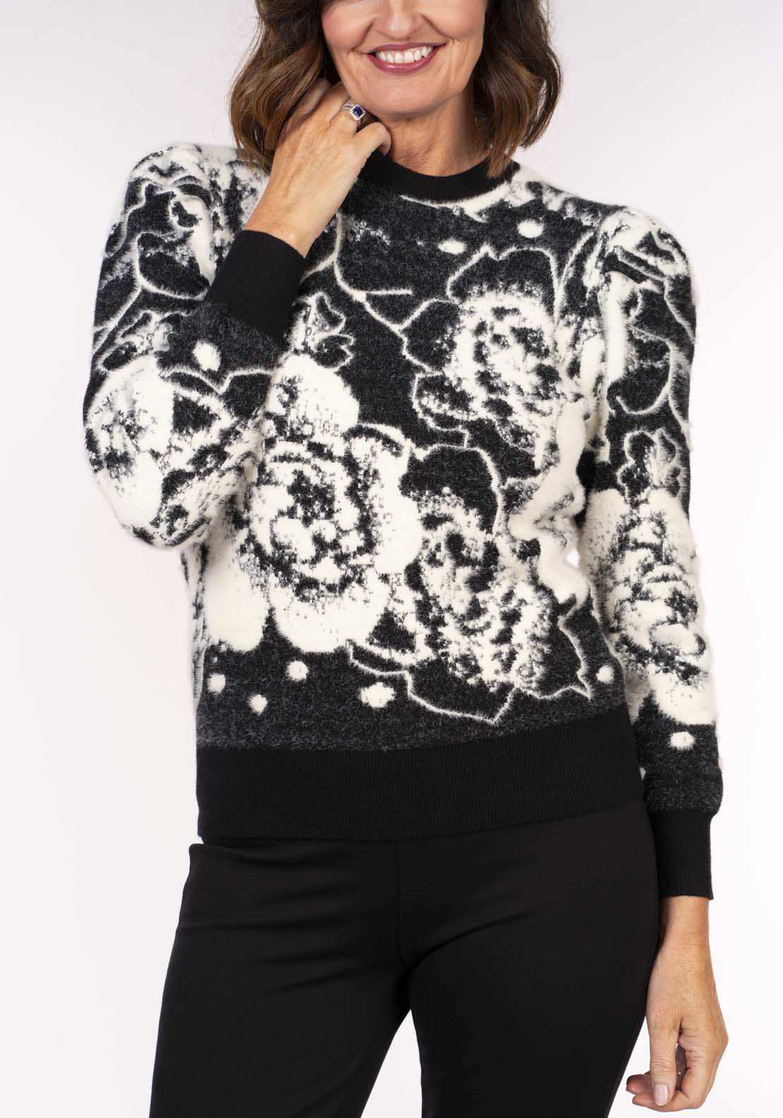 Naoise Feather Jacquard Floral Top - Cream Black 4 Shaws Department Stores