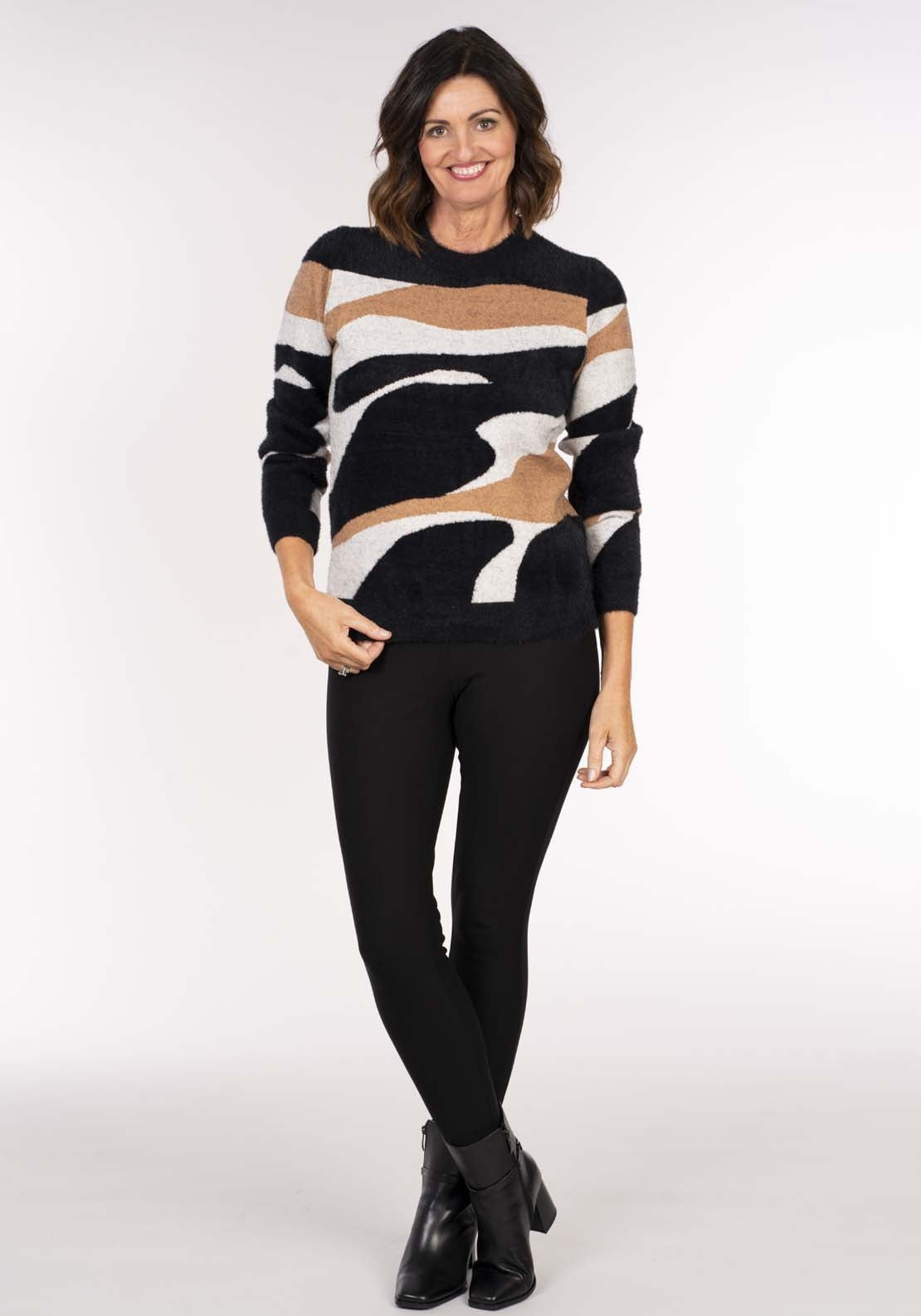 Tea Lane Wave Stripe Sweater Feather Texture - Black Caramel Grey 2 Shaws Department Stores