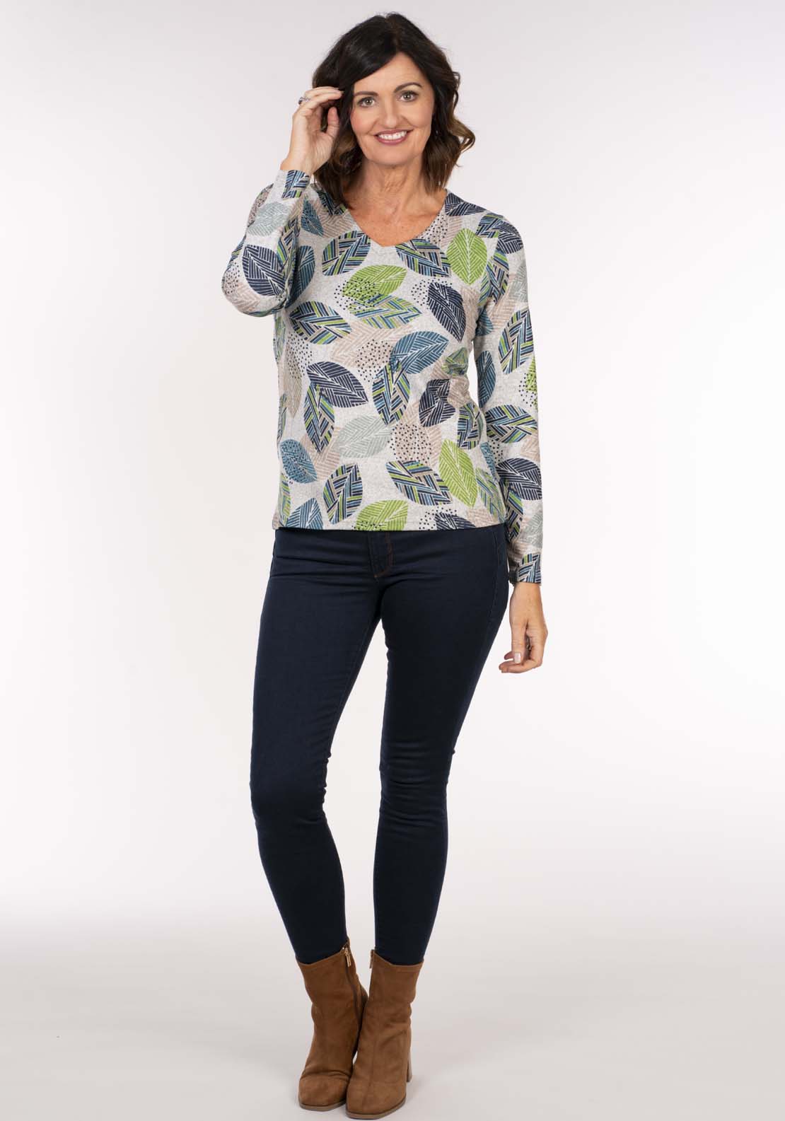 Tea Lane Leaf Print Warm Knit Top - Yellow Blue Grey 5 Shaws Department Stores