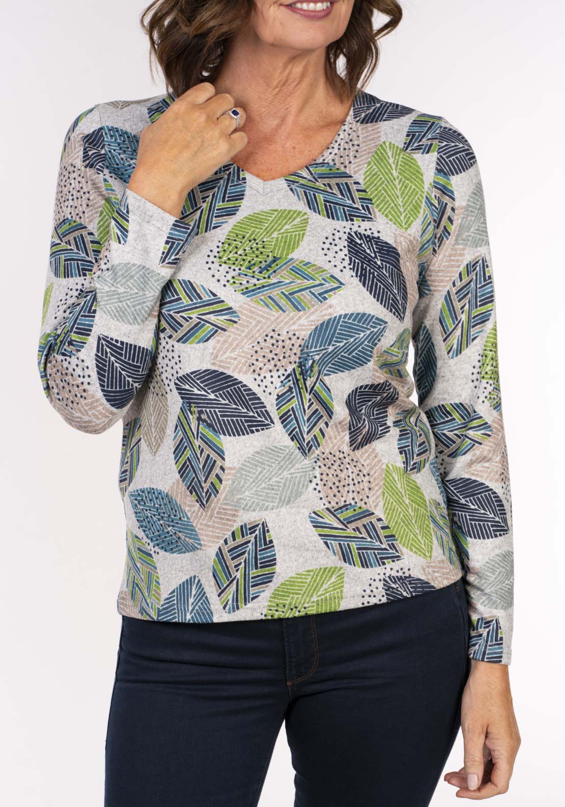 Tea Lane Leaf Print Warm Knit Top - Yellow Blue Grey 4 Shaws Department Stores