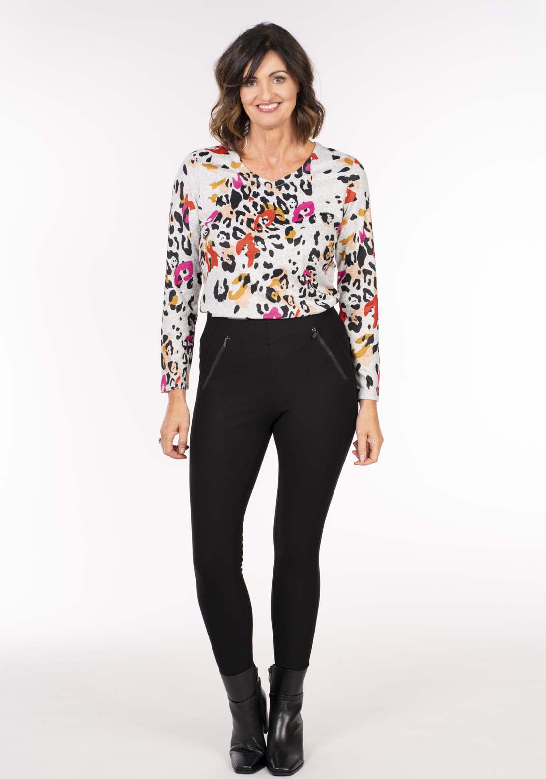 Tea Lane Animal Print Wool Touch Top - Grey Pink 4 Shaws Department Stores
