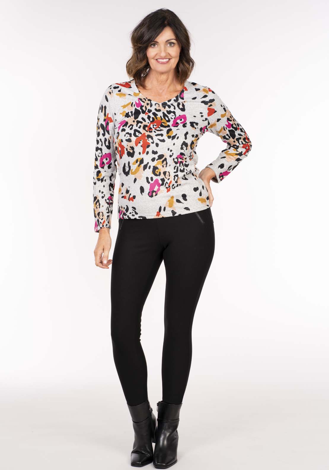Tea Lane Animal Print Wool Touch Top - Grey Pink 6 Shaws Department Stores
