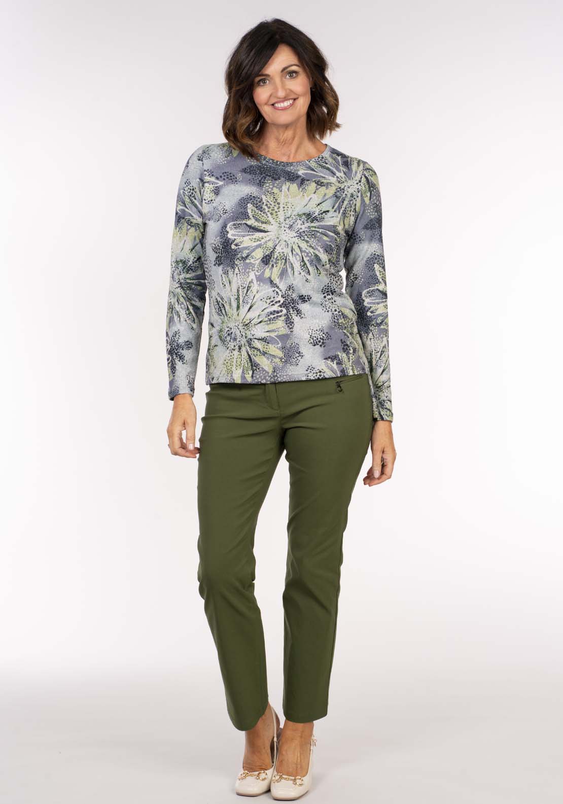 Tea Lane Green Grey Floral Top - Green 3 Shaws Department Stores