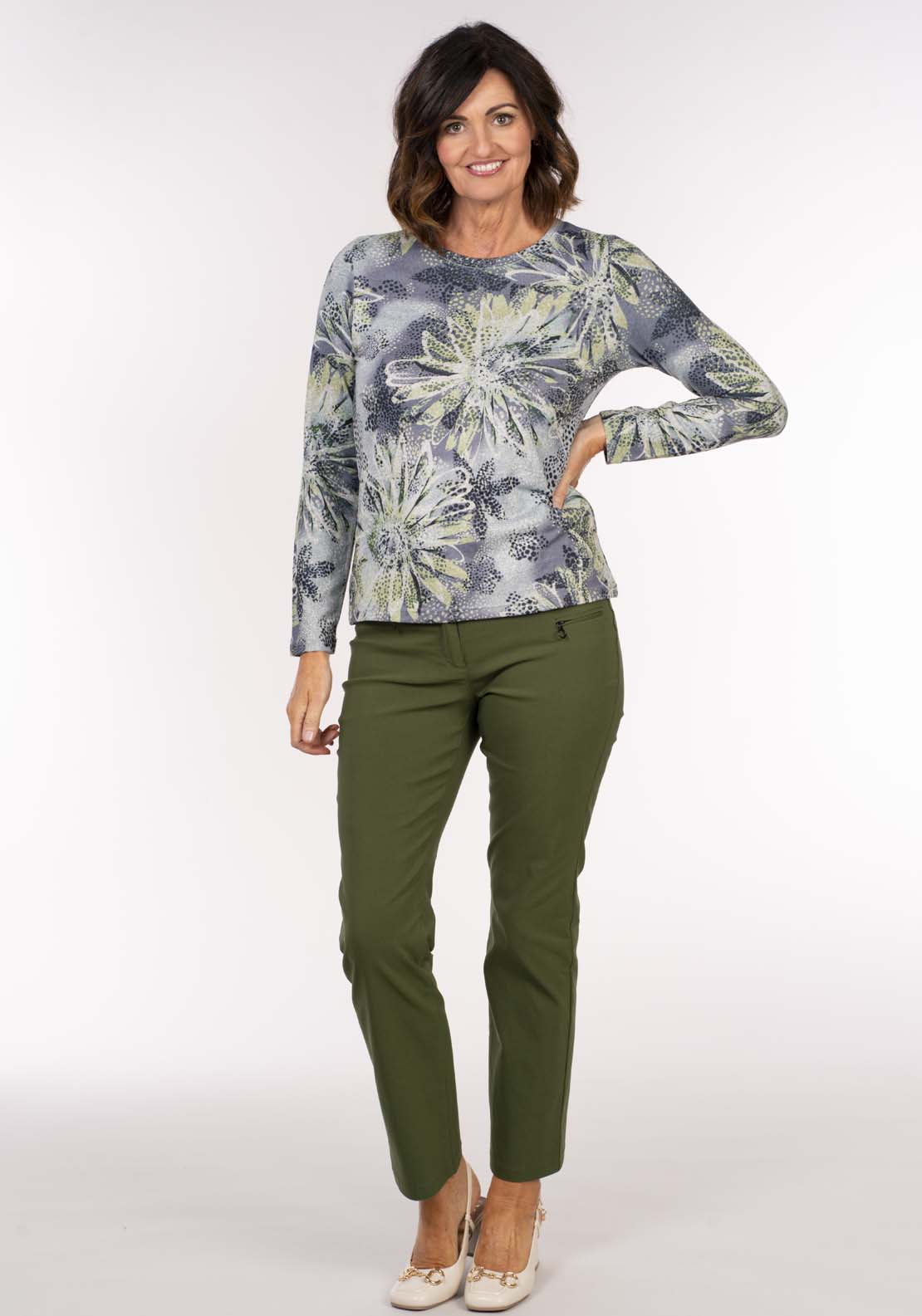 Tea Lane Green Grey Floral Top - Green 5 Shaws Department Stores