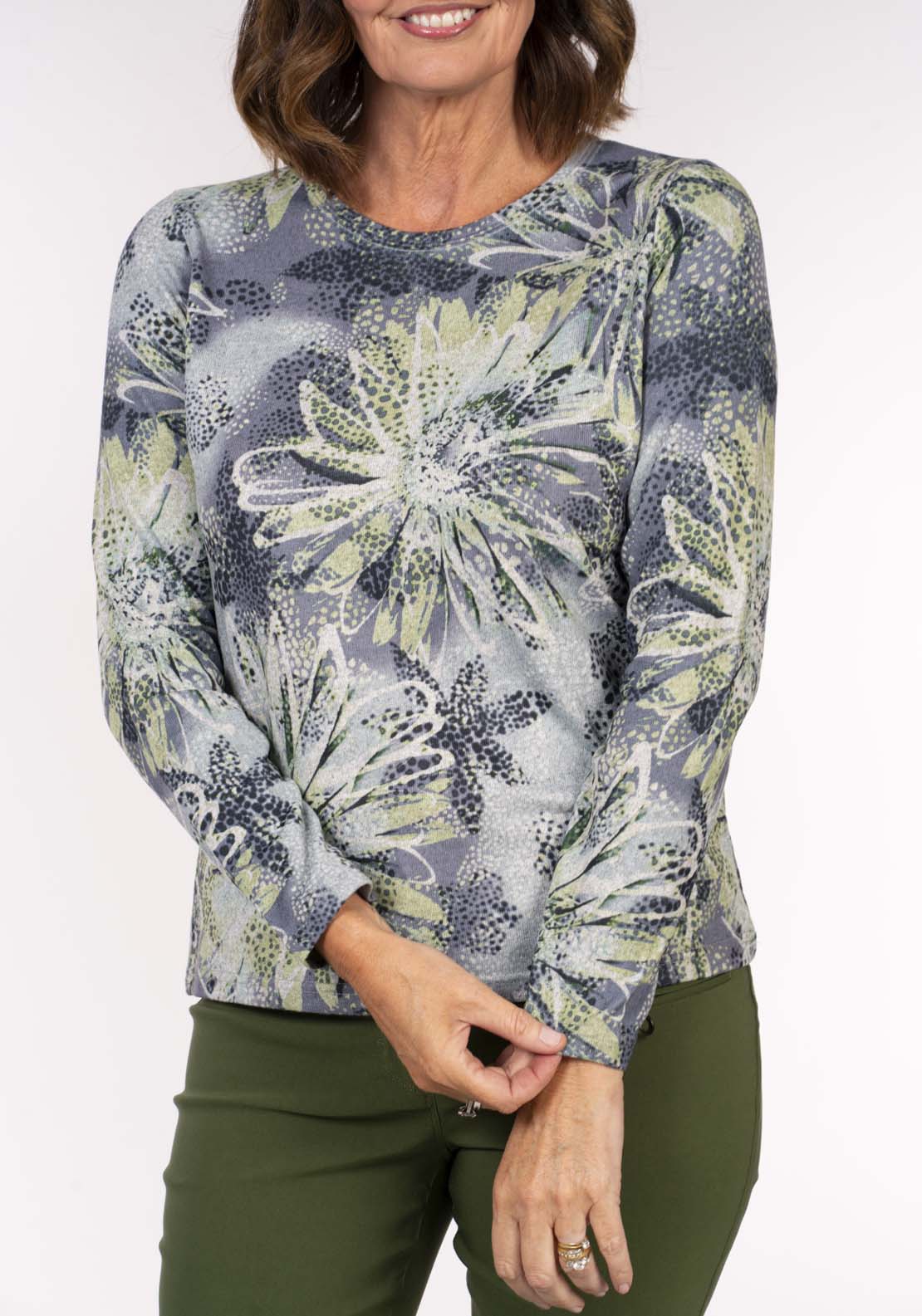 Tea Lane Green Grey Floral Top - Green 2 Shaws Department Stores