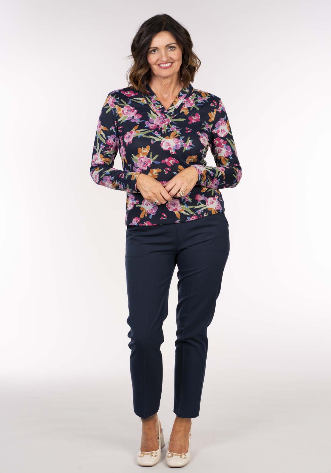 Tea Lane Pleat V Neck Top - Navy 2 Shaws Department Stores