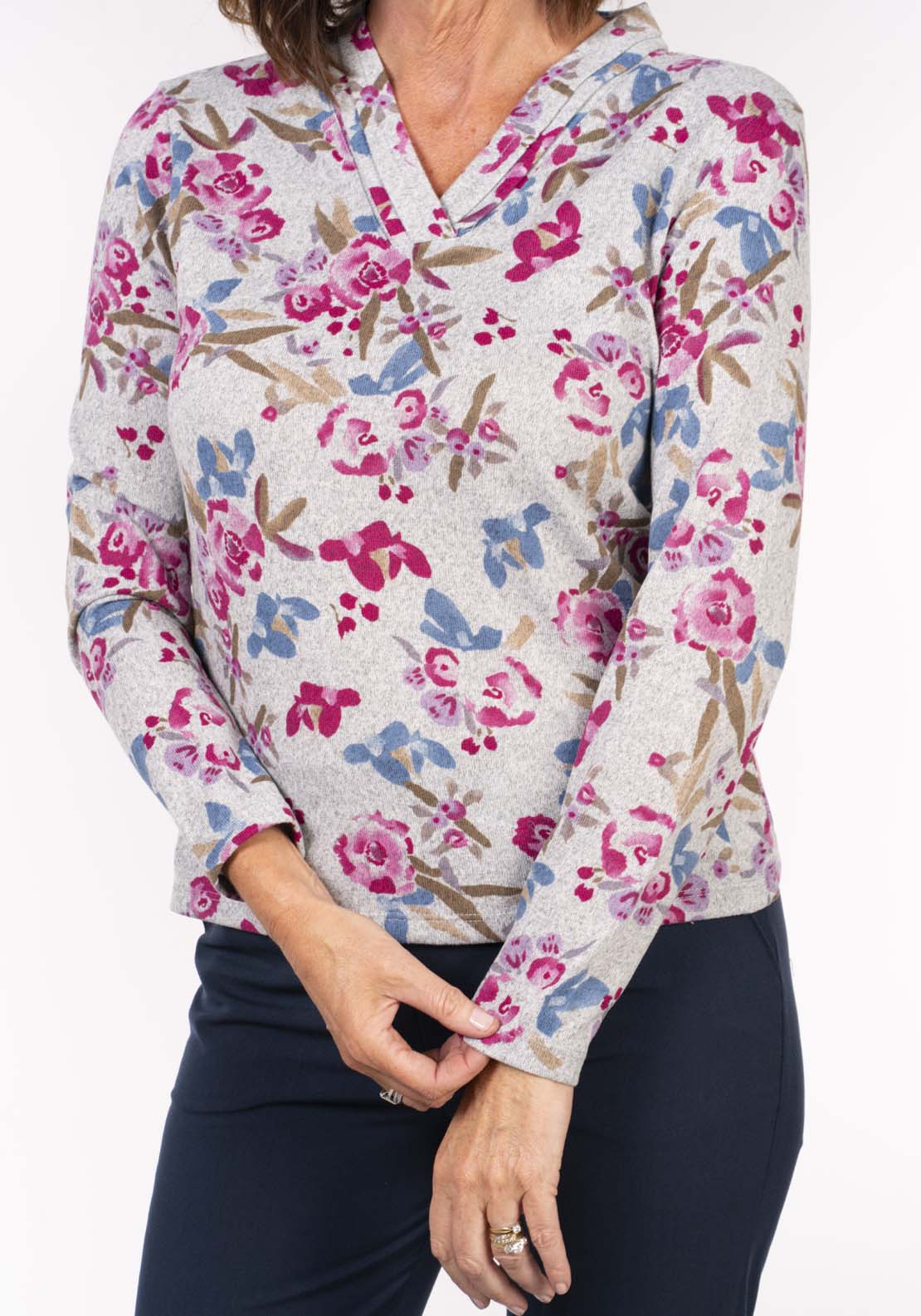 Tea Lane Pleat V Neck Top - Grey Pink Floral 3 Shaws Department Stores