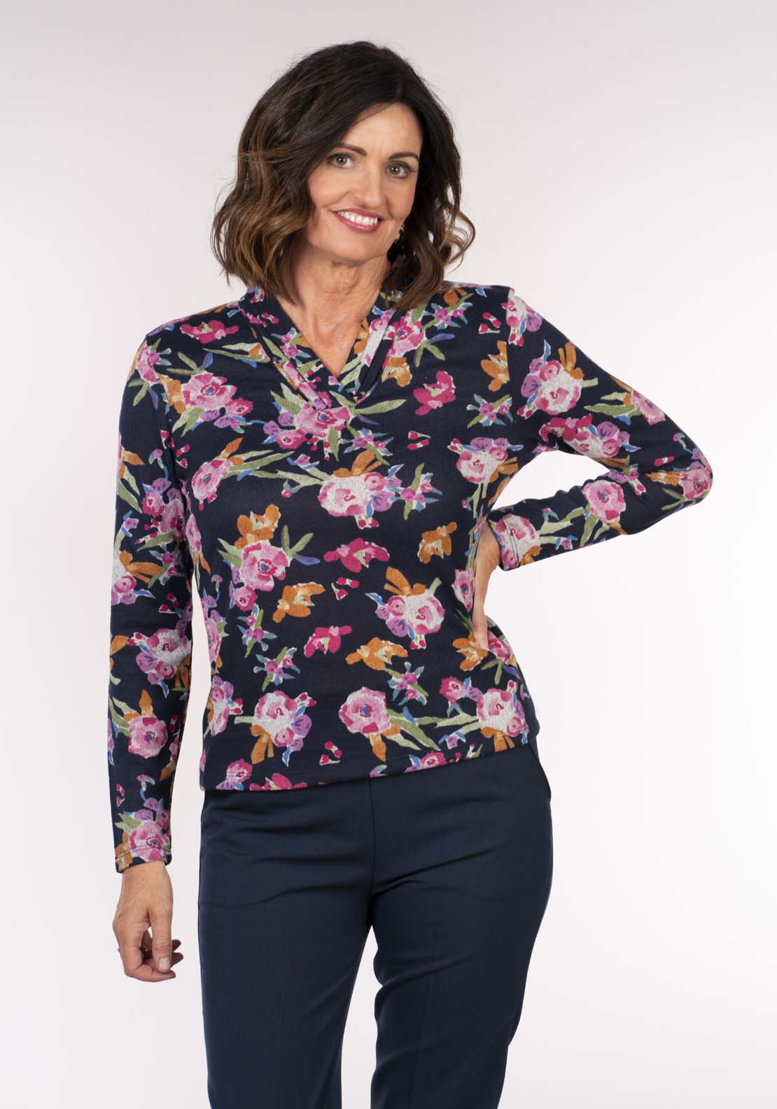 Tea Lane Pleat V Neck Top - Navy 1 Shaws Department Stores
