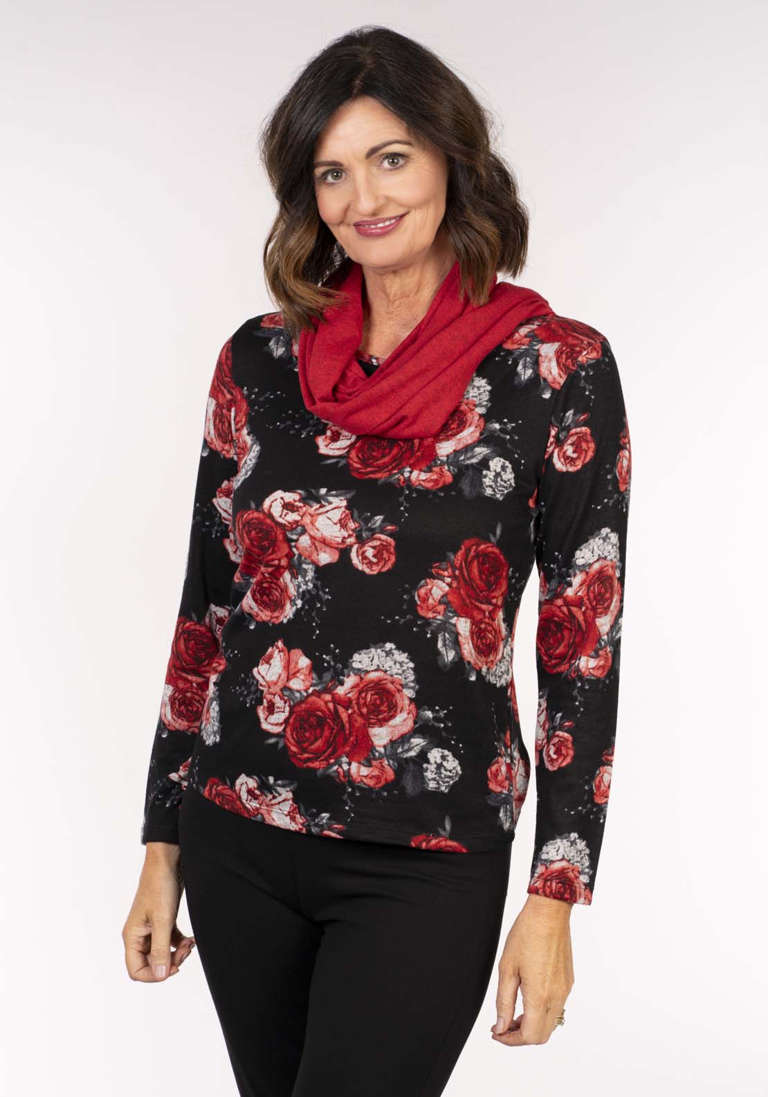 Tea Lane Snood Spot Top - Black W Red Rose 1 Shaws Department Stores
