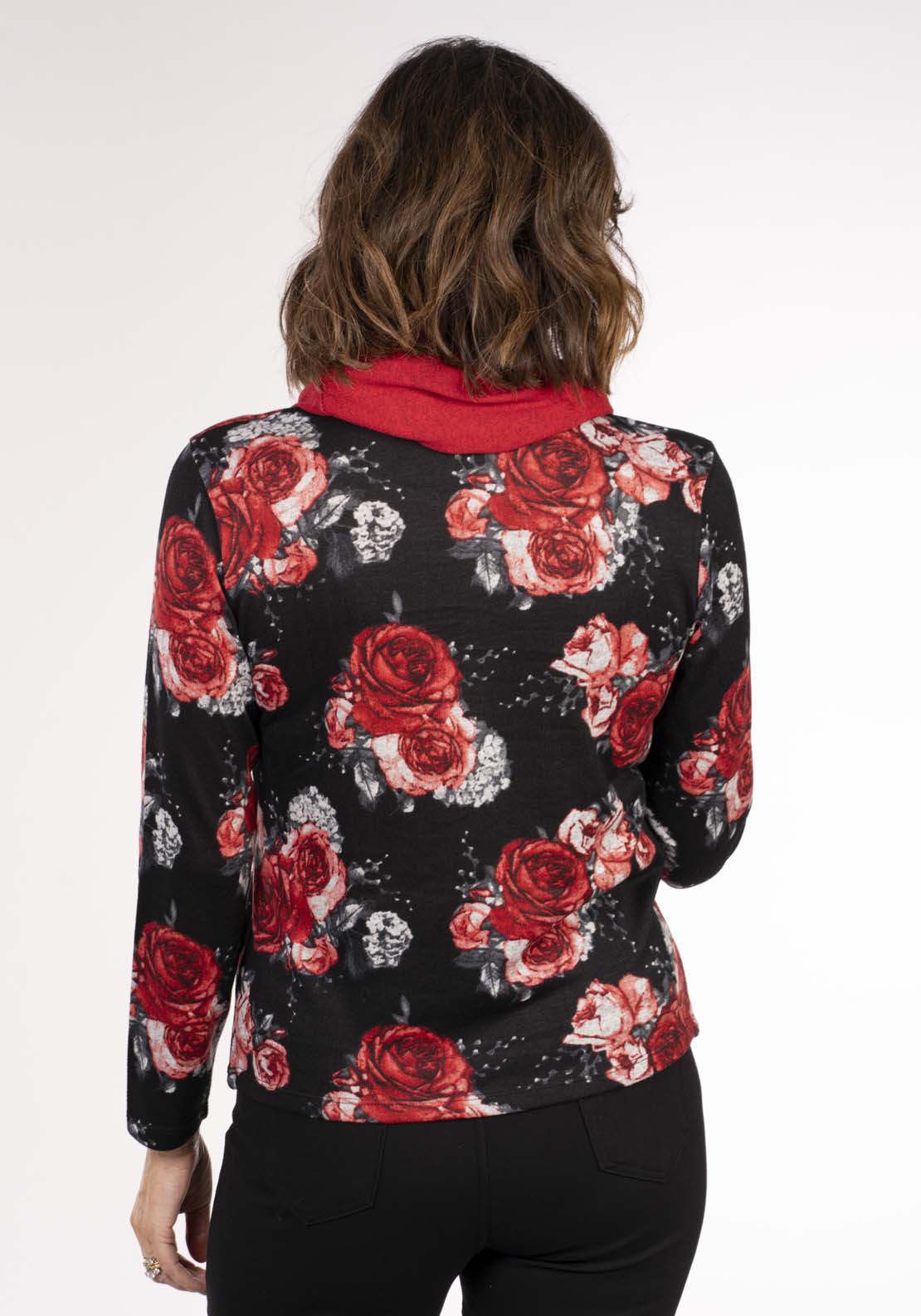 Tea Lane Snood Spot Top - Black W Red Rose 7 Shaws Department Stores