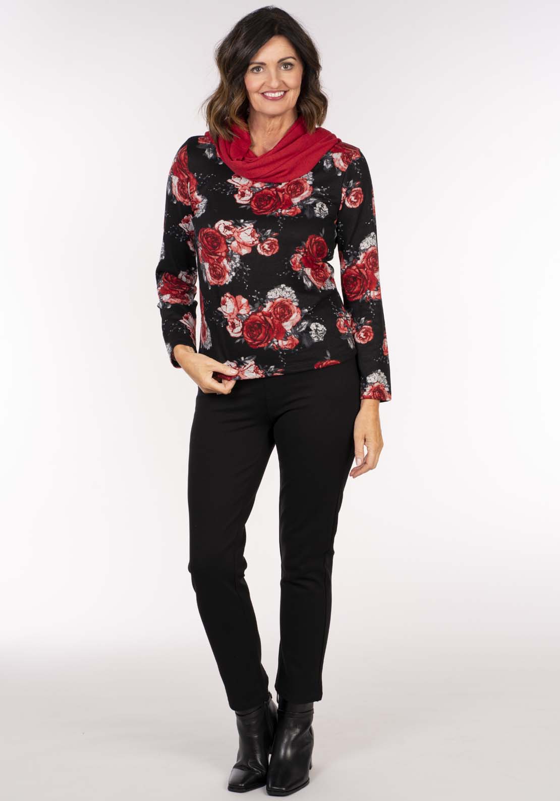 Tea Lane Snood Spot Top - Black W Red Rose 5 Shaws Department Stores