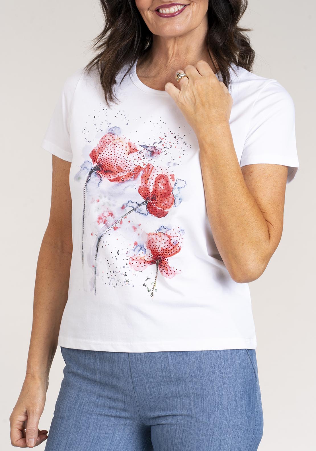 Tea Lane Short Sleeve T-Shirt Poppy Print - White 2 Shaws Department Stores