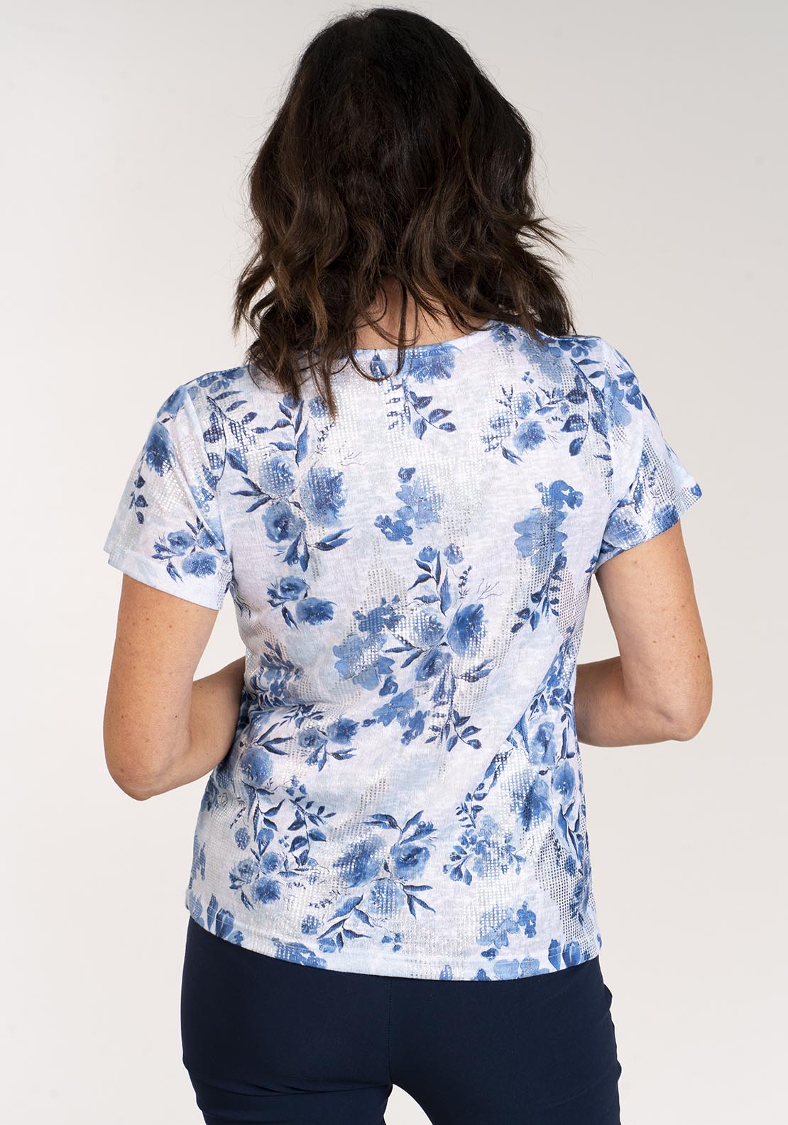 Tea Lane Short Sleeve Foil Print T-Shirt - Blue 3 Shaws Department Stores