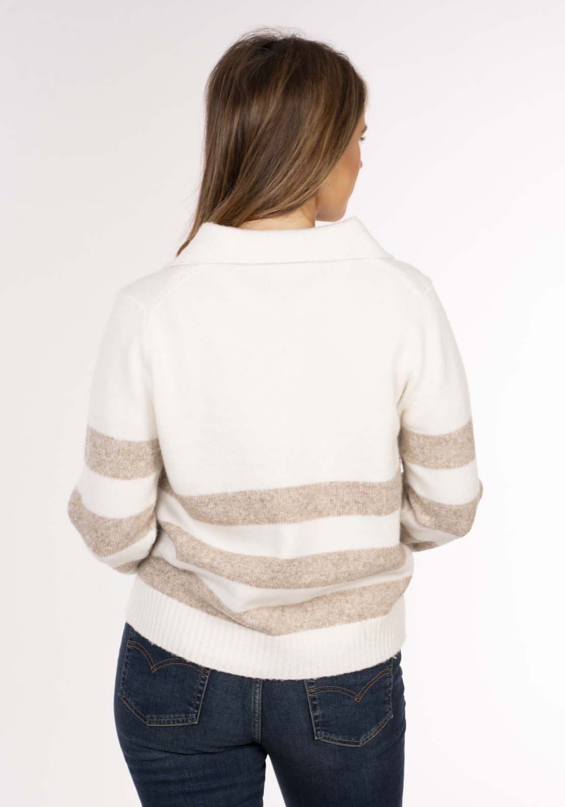 Naoise Johnny Collar Stripe Sweater - Ivory Taupe Marl 4 Shaws Department Stores