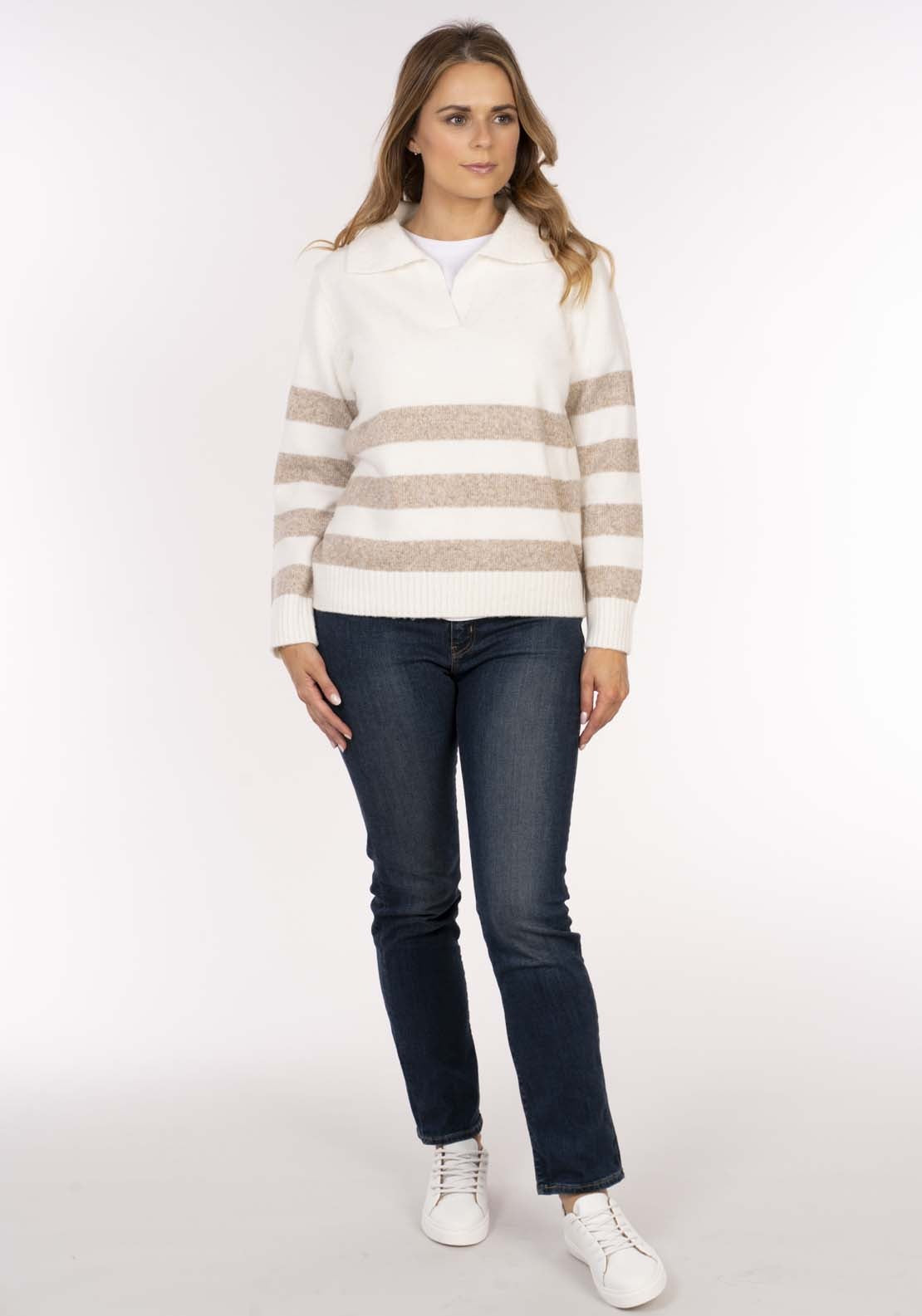 Naoise Johnny Collar Stripe Sweater - Ivory Taupe Marl 5 Shaws Department Stores