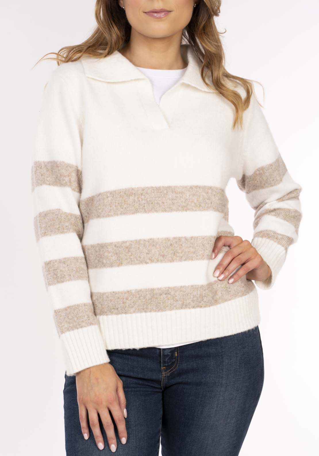 Naoise Johnny Collar Stripe Sweater - Ivory Taupe Marl 3 Shaws Department Stores