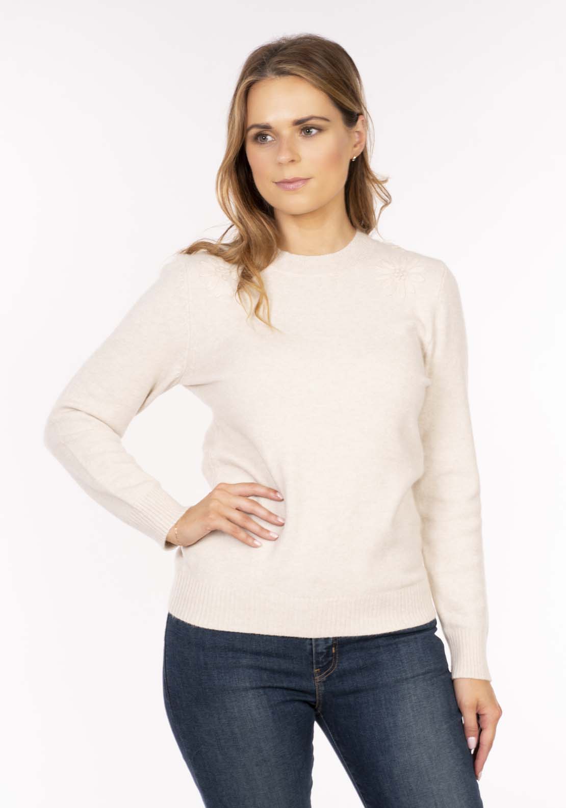 Naoise 12 Gg Embroidered Shoulder Sweater - Oatmeal 3 Shaws Department Stores