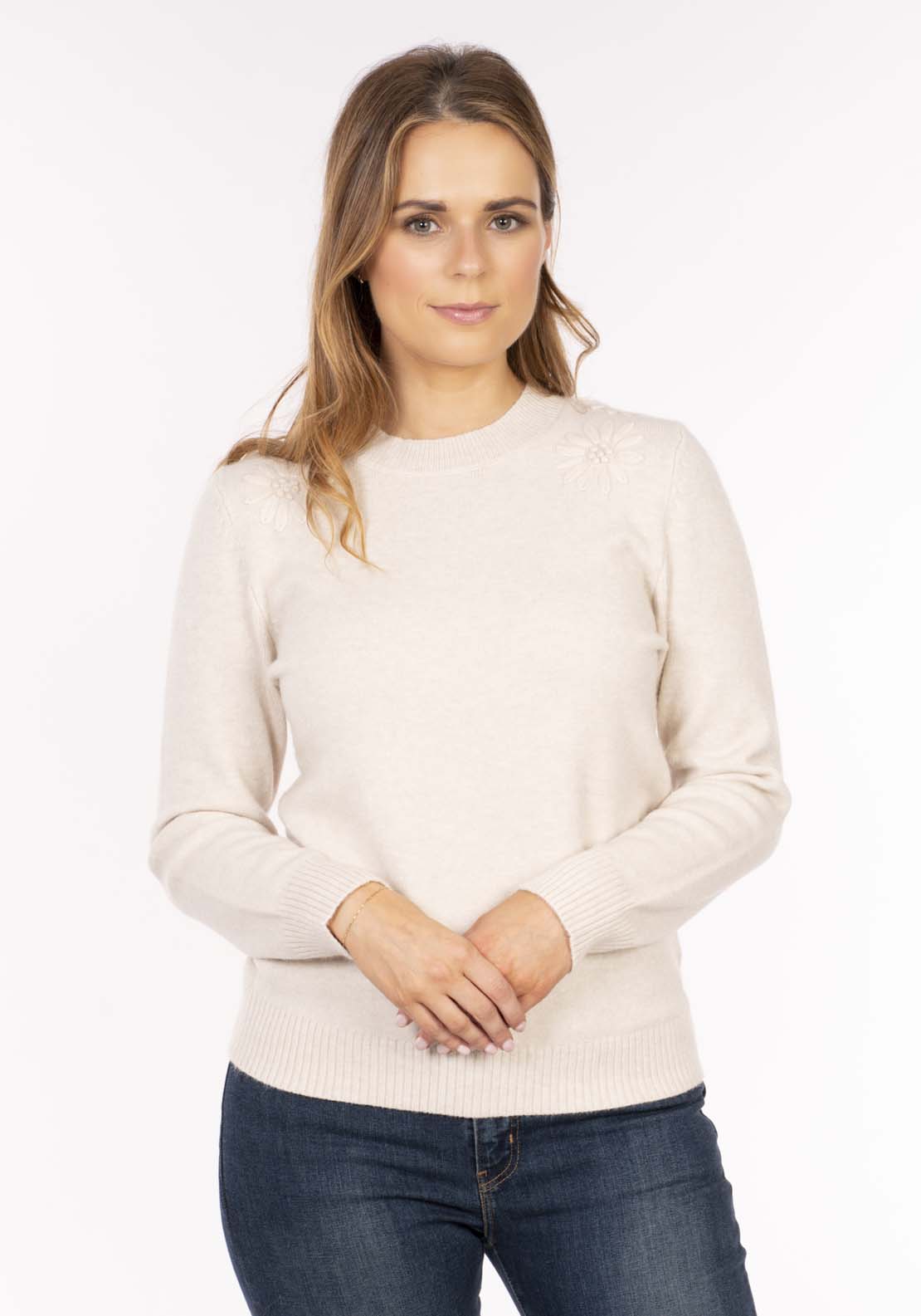 Naoise 12 Gg Embroidered Shoulder Sweater - Oatmeal 2 Shaws Department Stores