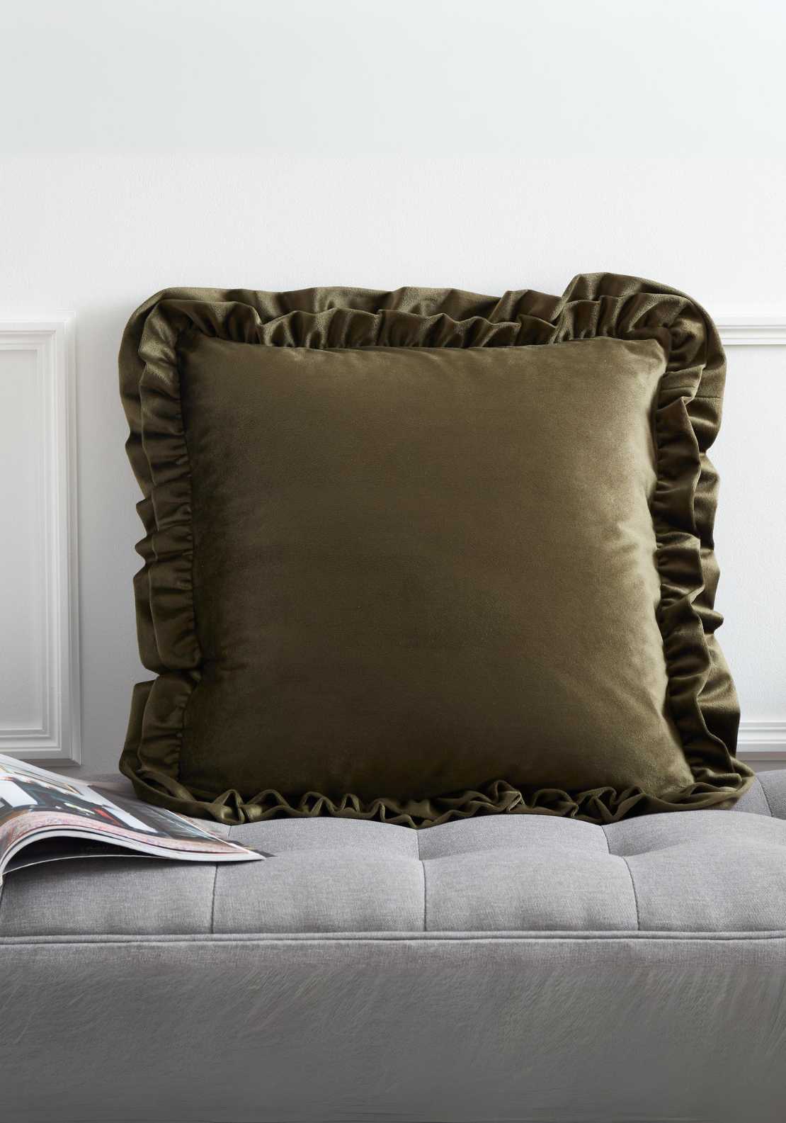 The Home Luxury Collection Reagan Soft Touch Matt Velvet Double Frill Cushion - Green 1 Shaws Department Stores