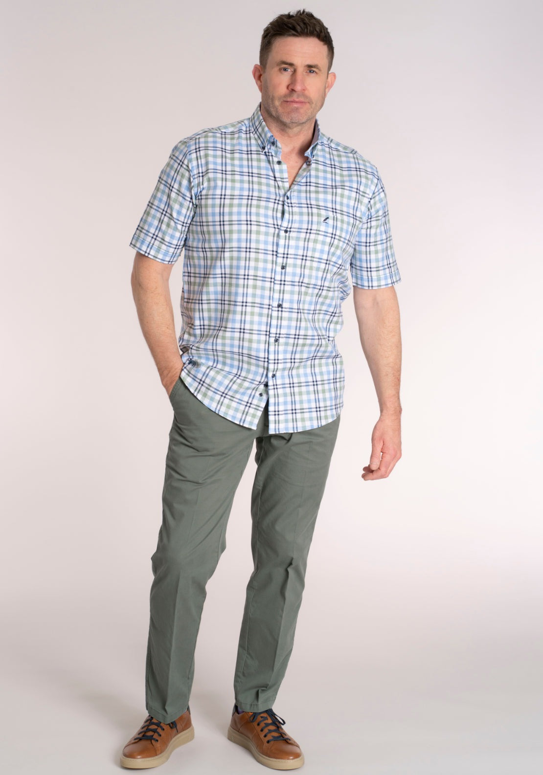 Yeats 100% Cotton Short Sleeve Check Shirt - Green / Blue 5 Shaws Department Stores