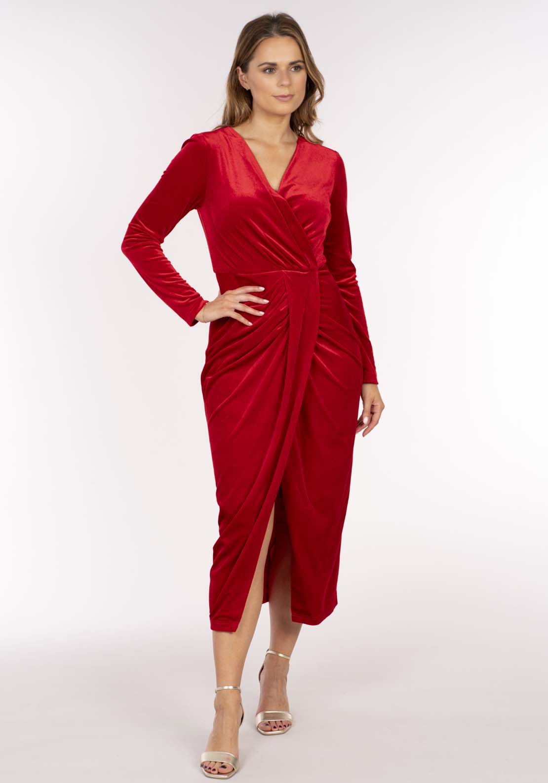 Velvet Half Wrap Pleat Dress - Red Shaws Velvet Half Wrap Pleat Dress - Red Shaws