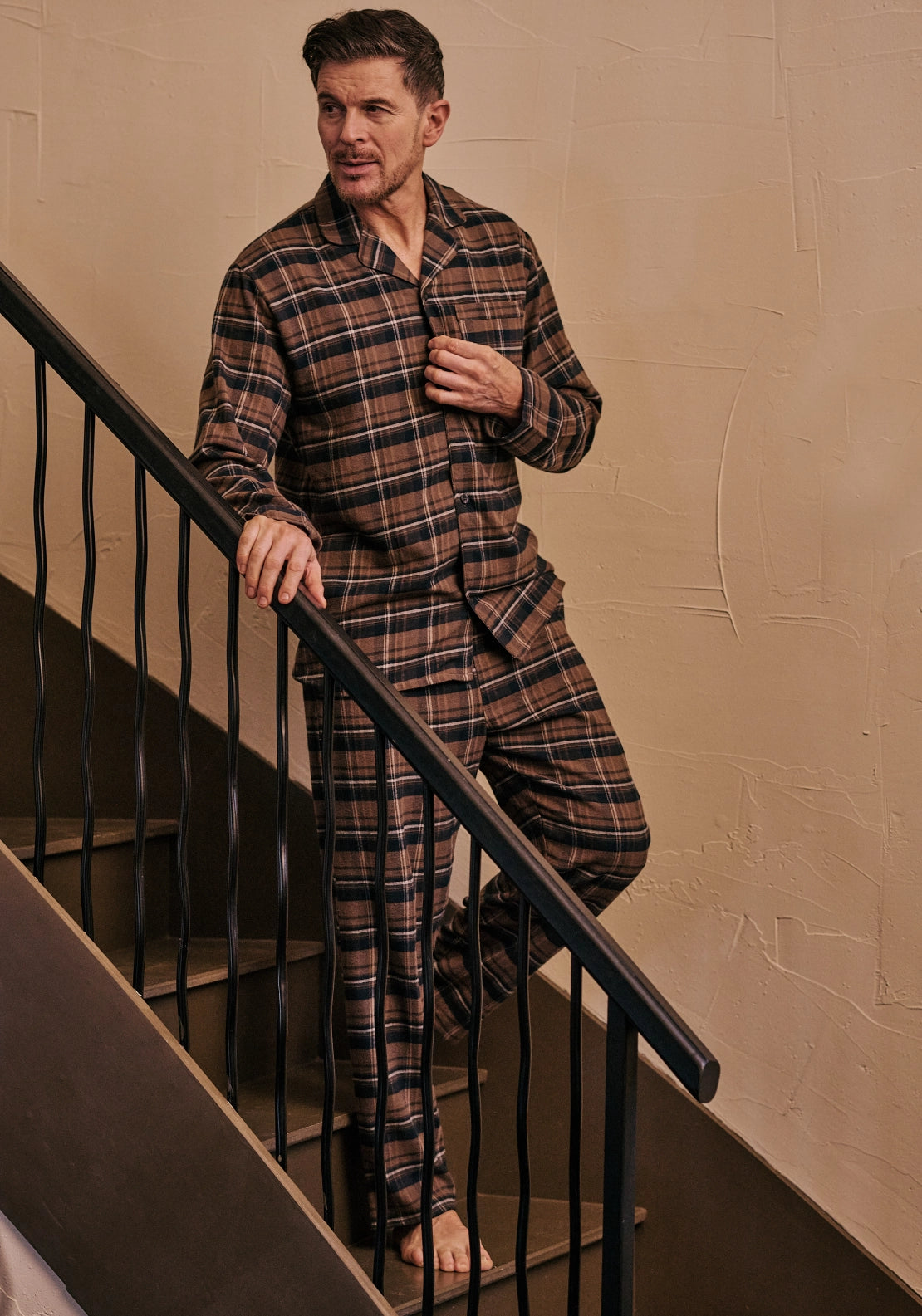 Hj Hall Brushed Cotton Check Pyjamas - Brown/navy Check 1 Shaws Department Stores