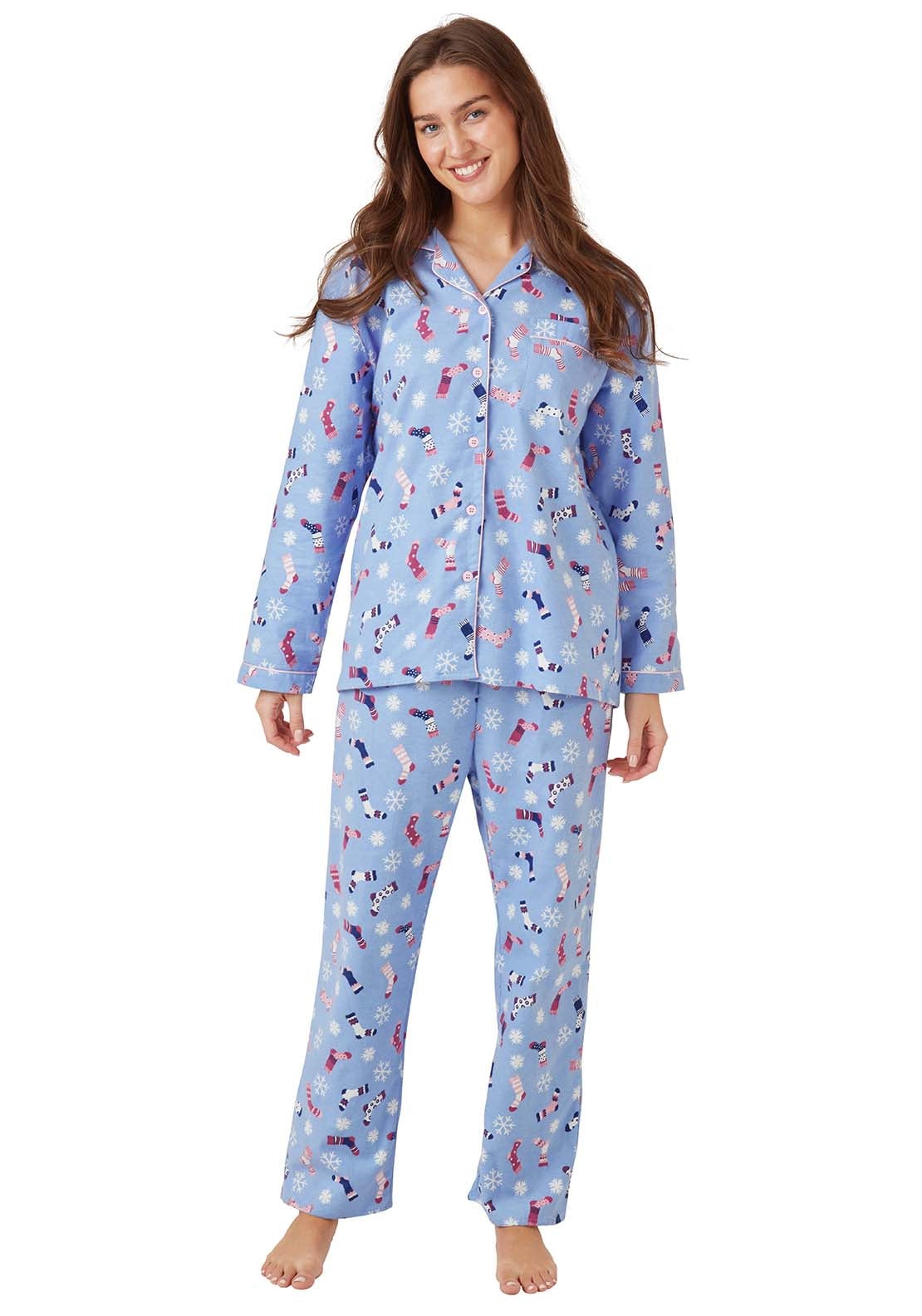 Indigo Sky Sock Print Wincey Pyjama - Blue 3 Shaws Department Stores