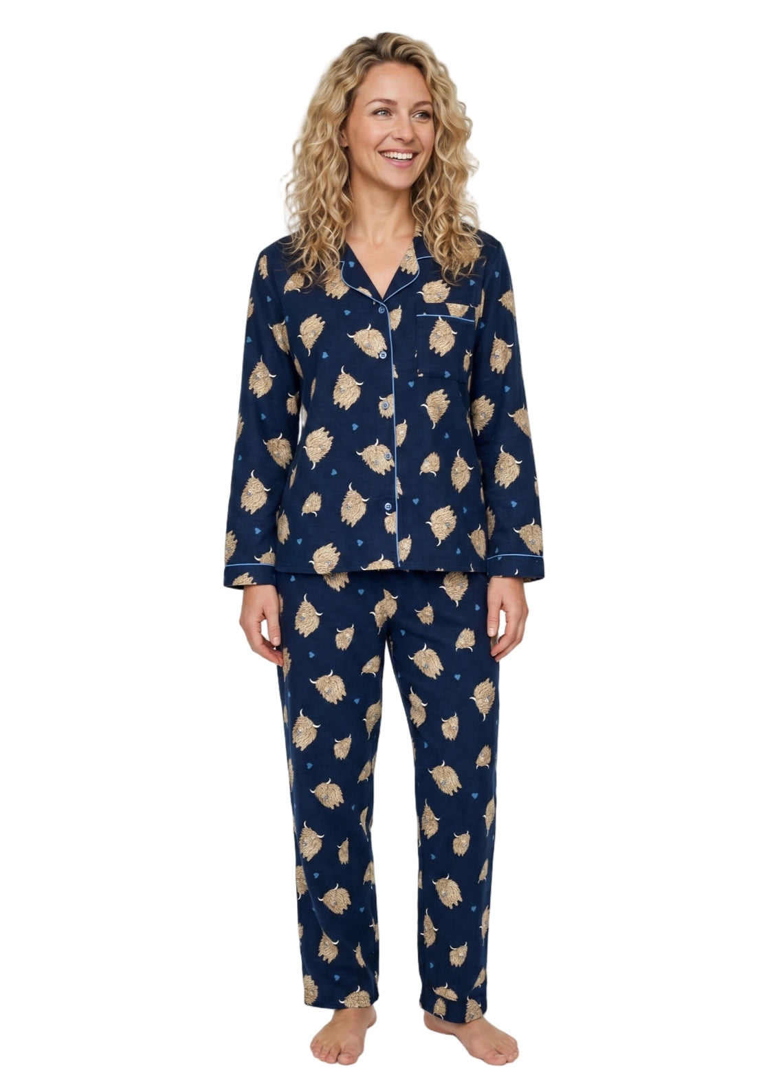 Indigo Sky Highland Cow Wincey Pyjama - Blue 1 Shaws Department Stores