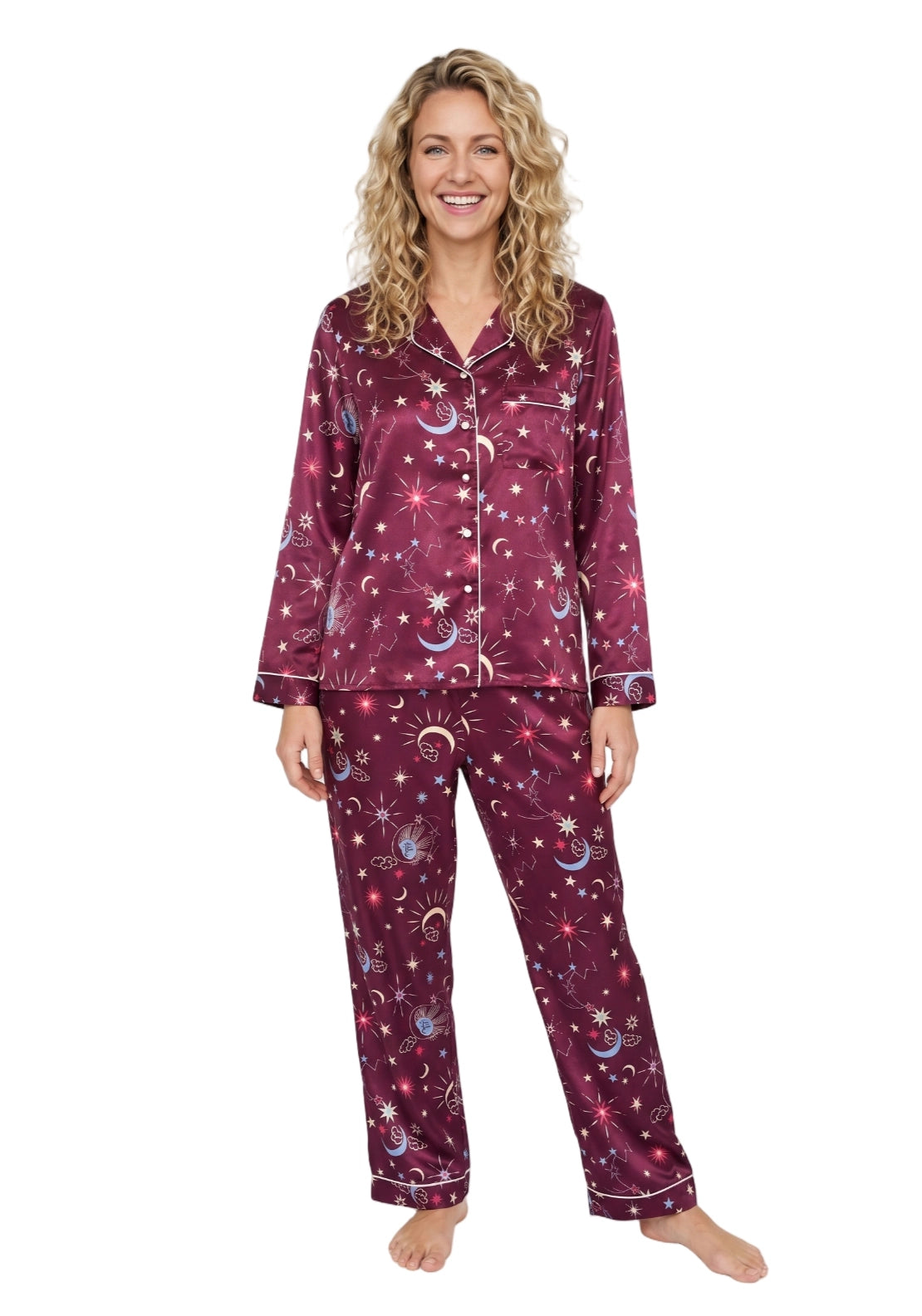 Indigo Sky Moon Satin Pyjama Set - Wine 1 Shaws Department Stores