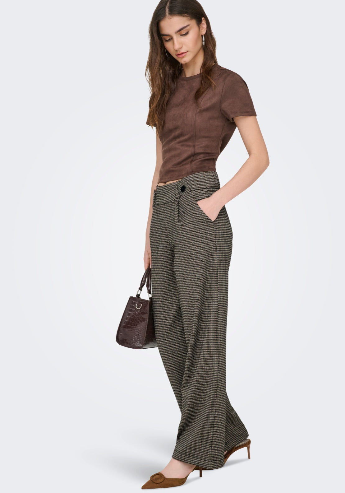 Jdy Geggo Mia Long Check Trousers - Cobblestone Mini Check 3 Shaws Department Stores