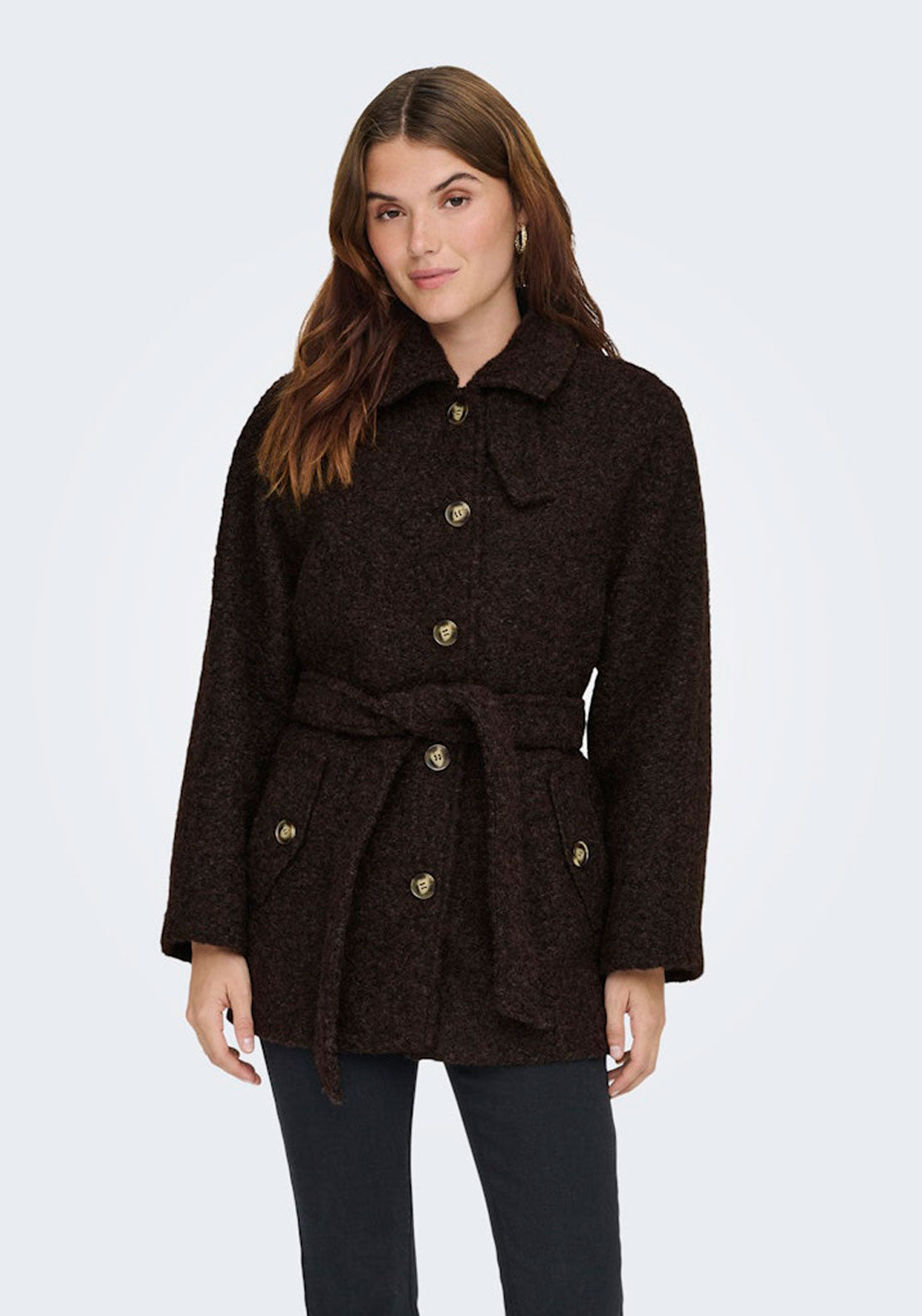 Jdy Boucle Coat With Belt - Brown 1 Shaws Department Stores