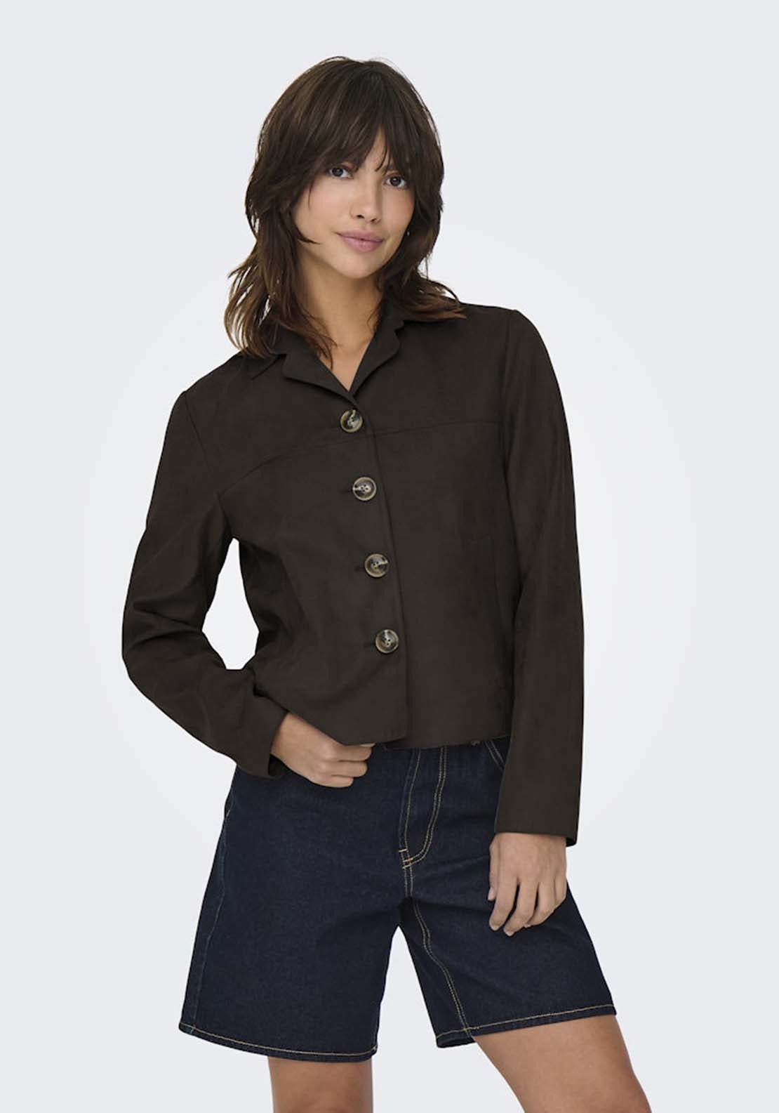 Jdy Faux Suede Short Buttoned Jacket - Brown 1 Shaws Department Stores