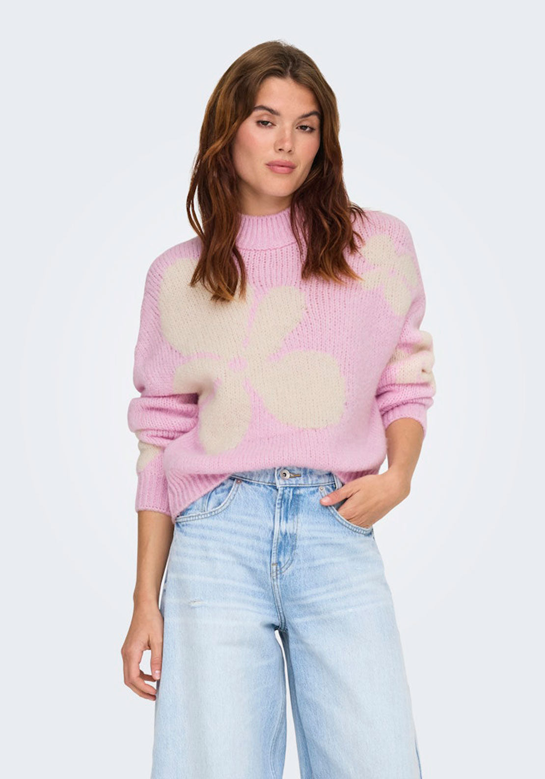 Jdy Long Sleeve Jacquard Pullover - Pink Lady Whitecap Gray 1 Shaws Department Stores