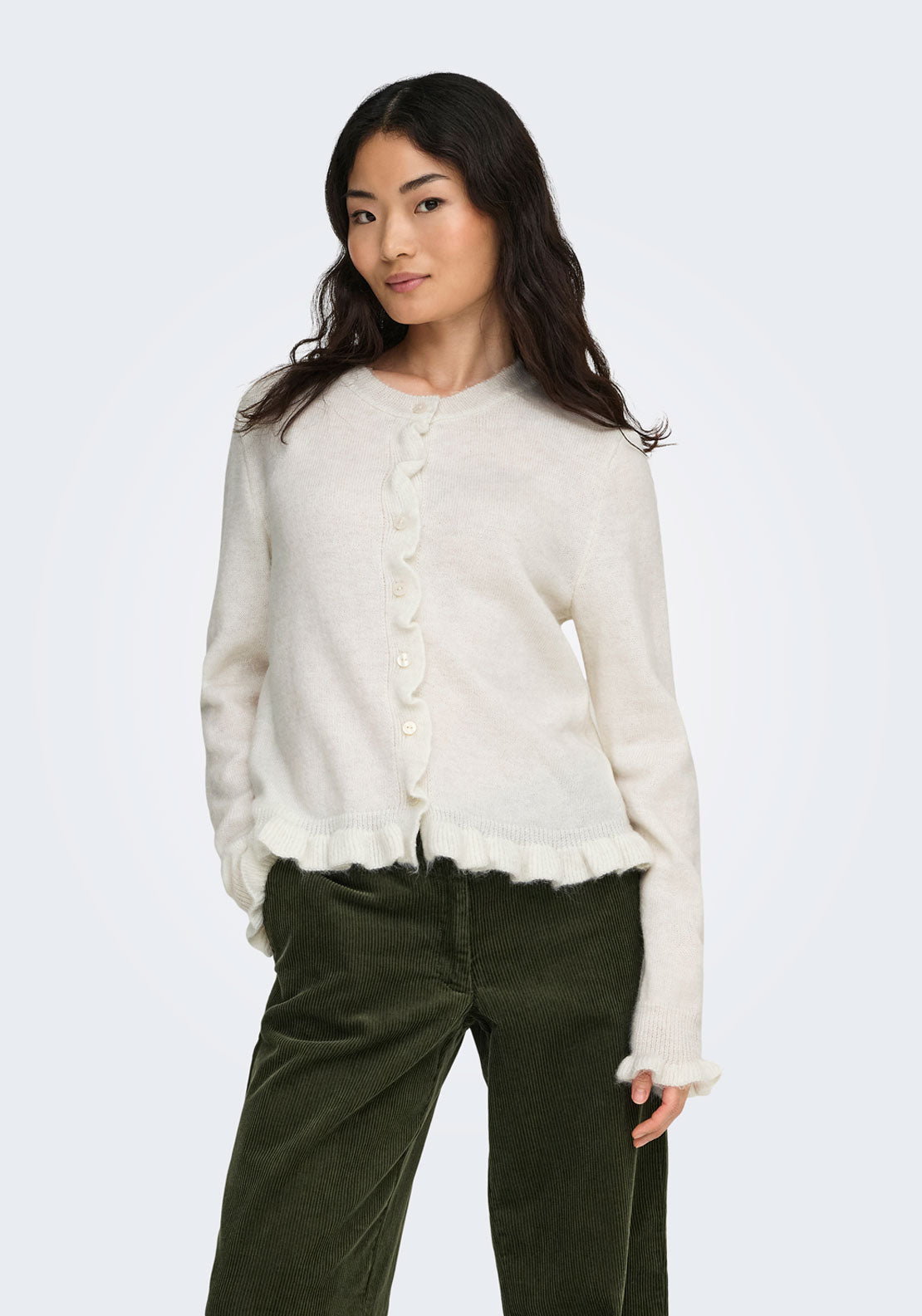 Jdy Letty Long Sleeve On Frill Cardigan - Cloud Dancer Melange 3 Shaws Department Stores