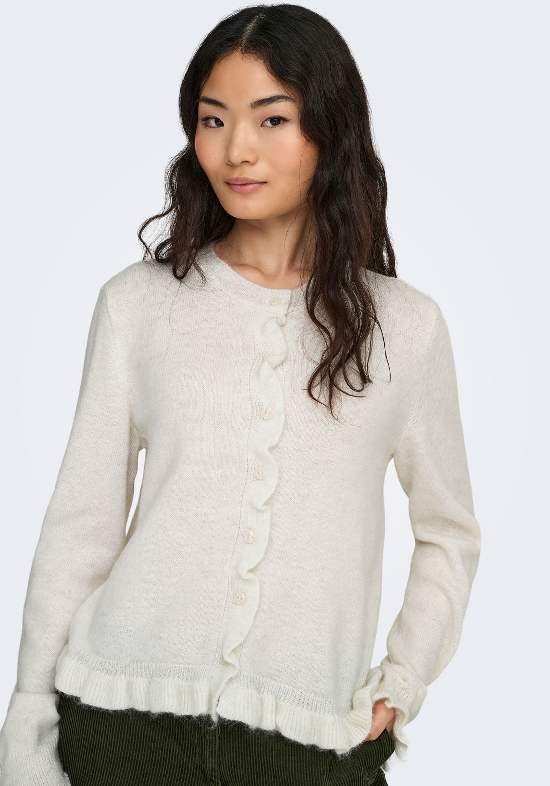Jdy Letty Long Sleeve On Frill Cardigan - Cloud Dancer Melange 1 Shaws Department Stores