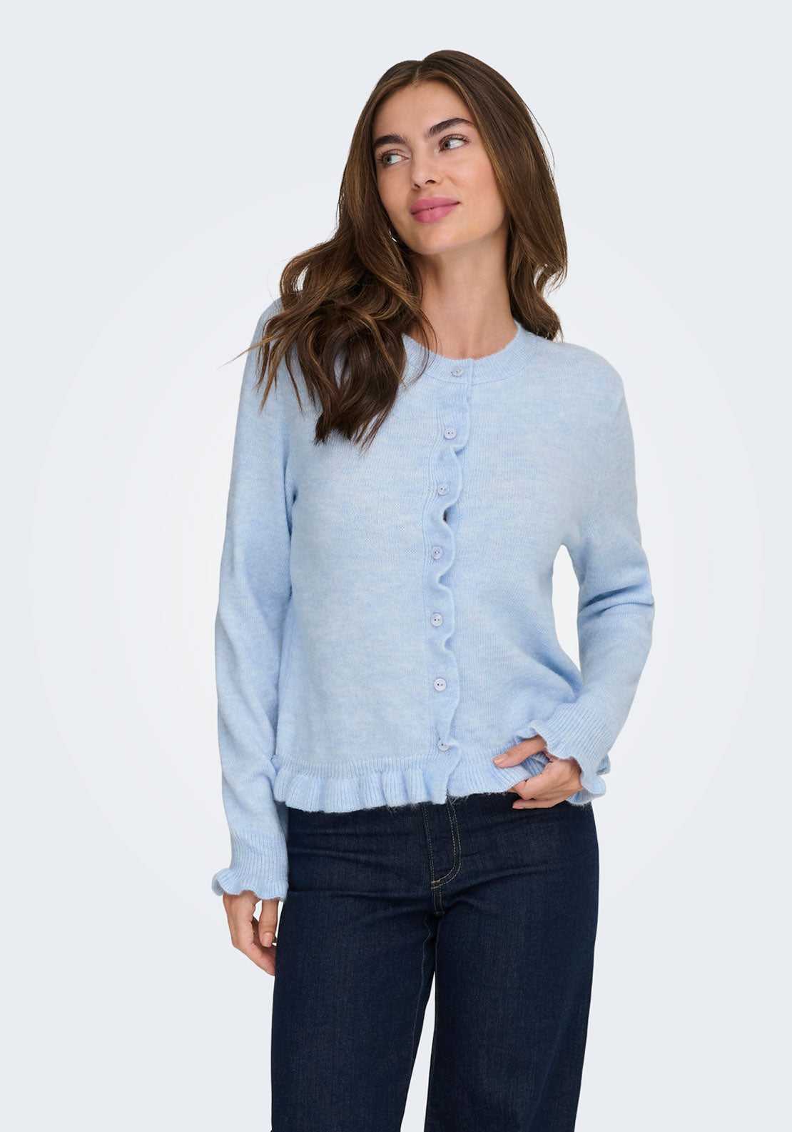 Jdy Letty Long Sleeve On Frill Cardigan - Blue / Grey 3 Shaws Department Stores
