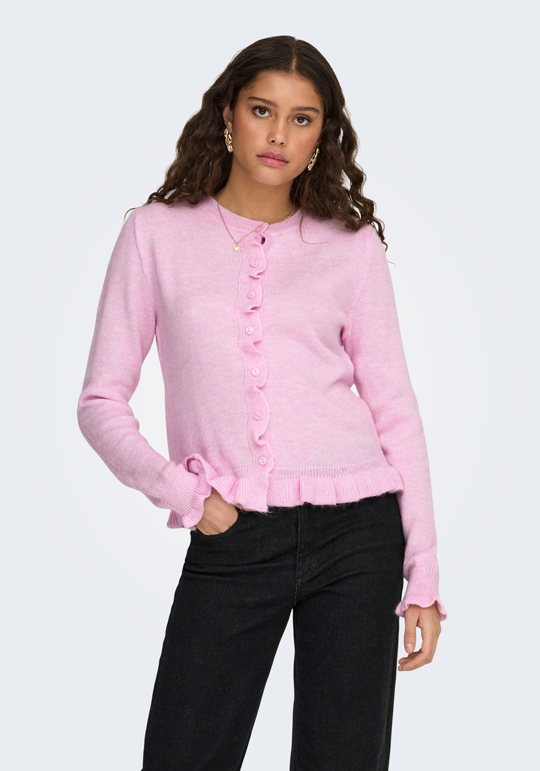 Jdy Letty Long Sleeve On Frill Cardigan - Pink Lady Melange 1 Shaws Department Stores