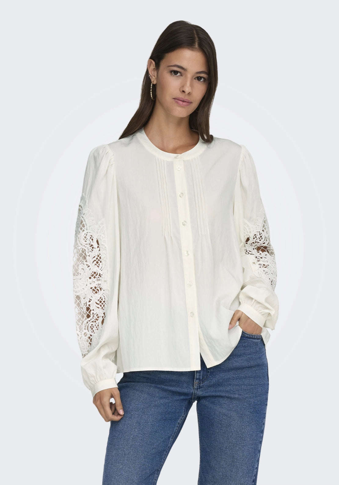 Jdy Lace Sleeve Button Up Blouse - White 1 Shaws Department Stores