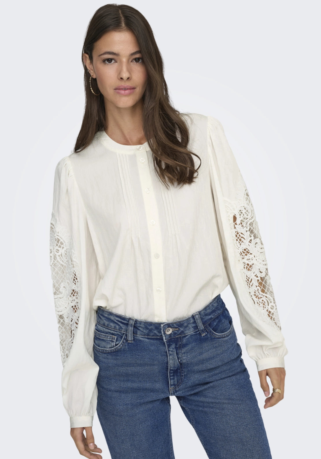 Jdy Lace Sleeve Button Up Blouse - White 4 Shaws Department Stores